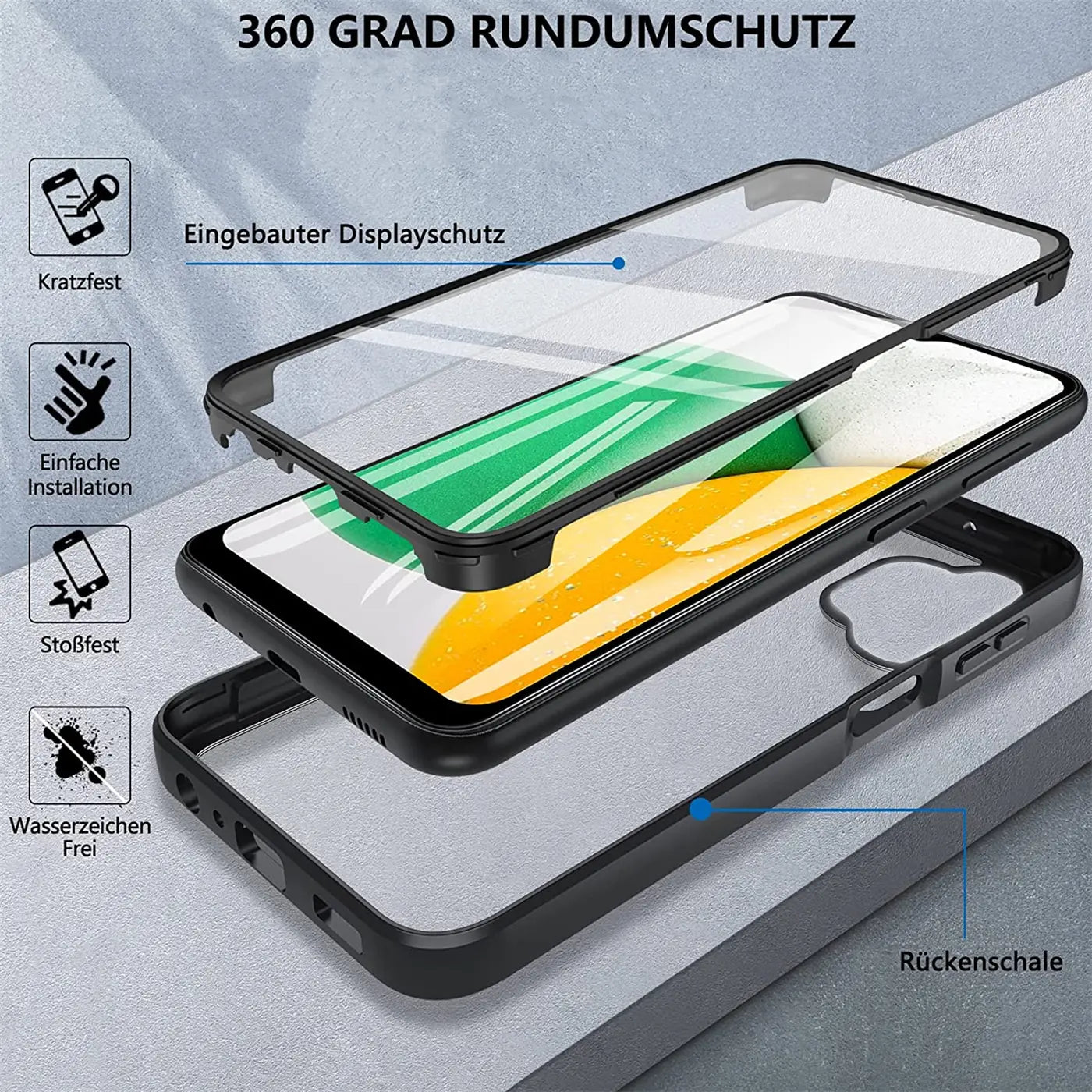 Schwarze Magnet-Hülle mit integriertem Displayschutz, zerlegt, zeigt ein Samsung Galaxy A13 4G.