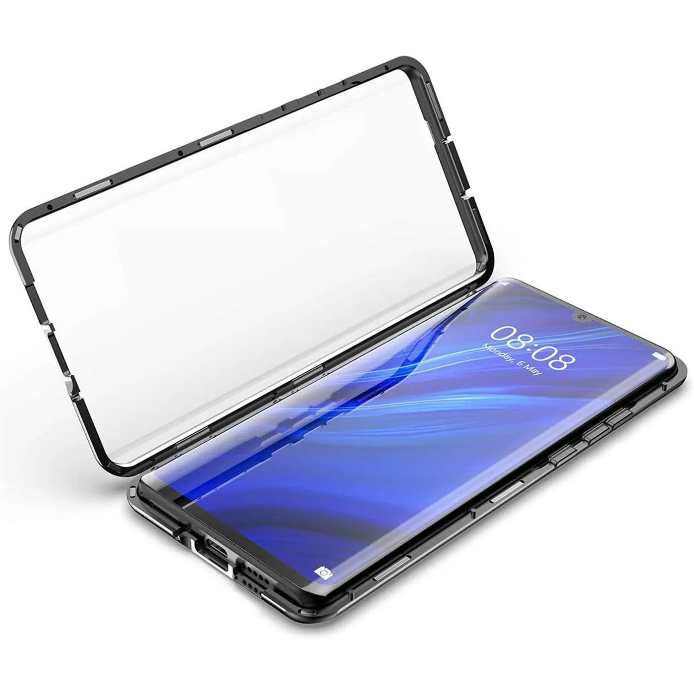 Schwarze Magnet Hülle mit Glas für Samsung Galaxy A13 4G, von oben schräg gezeigt.