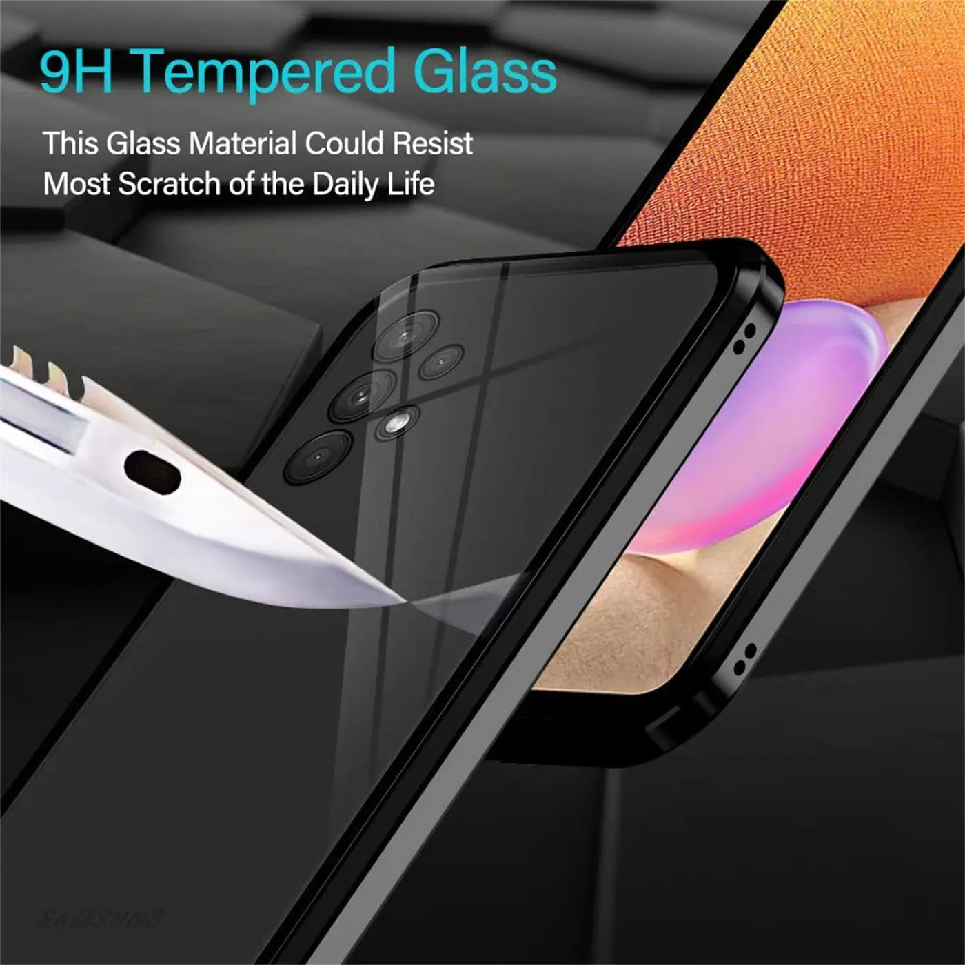Schwarze Magnet Hülle aus Glas und Metall für Samsung A13 4G, Nahaufnahme.