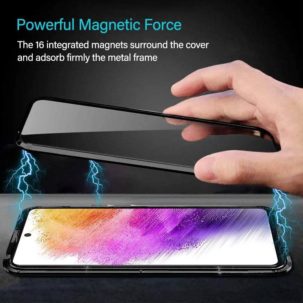 Schwarze Magnet-Handyhülle aus Metall und Glas, wird auf ein Samsung Galaxy A16 5G gesetzt.