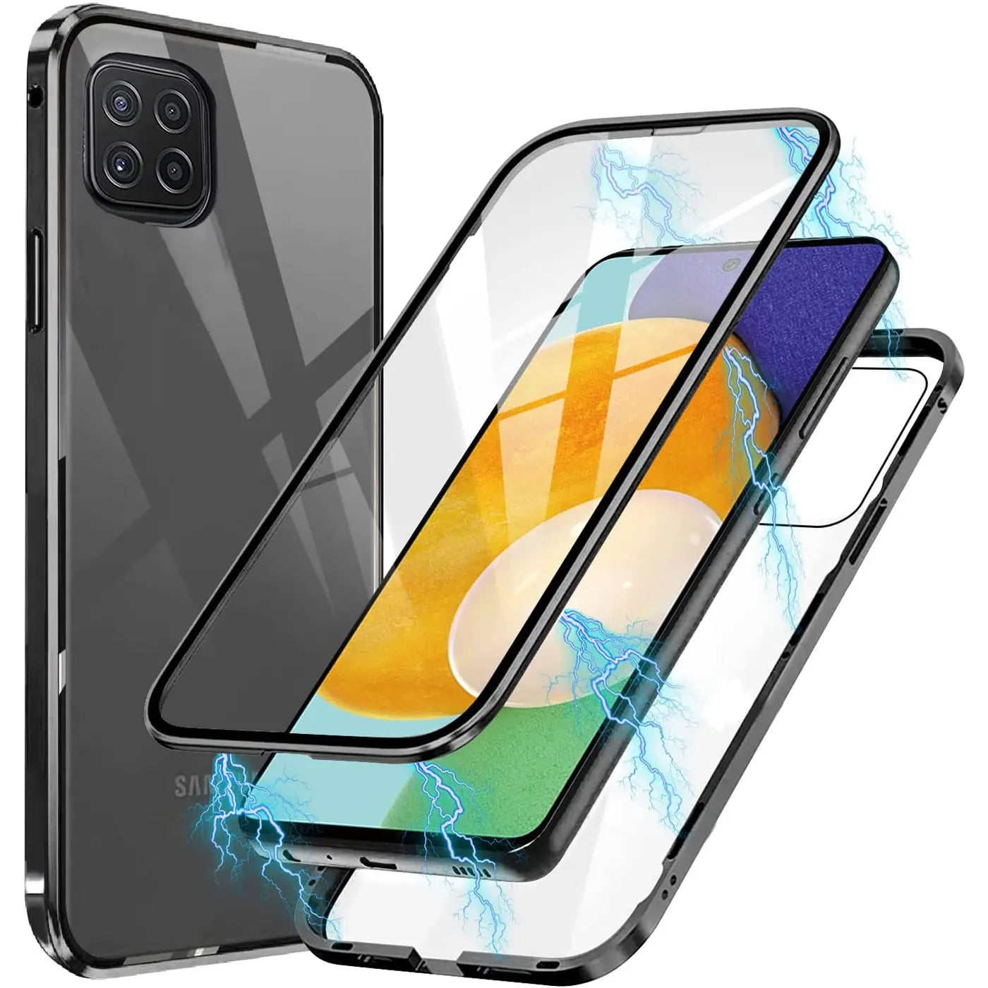 Graue 360° Magnet Hülle aus Glas und Metall mit Samsung Galaxy A22 5G.