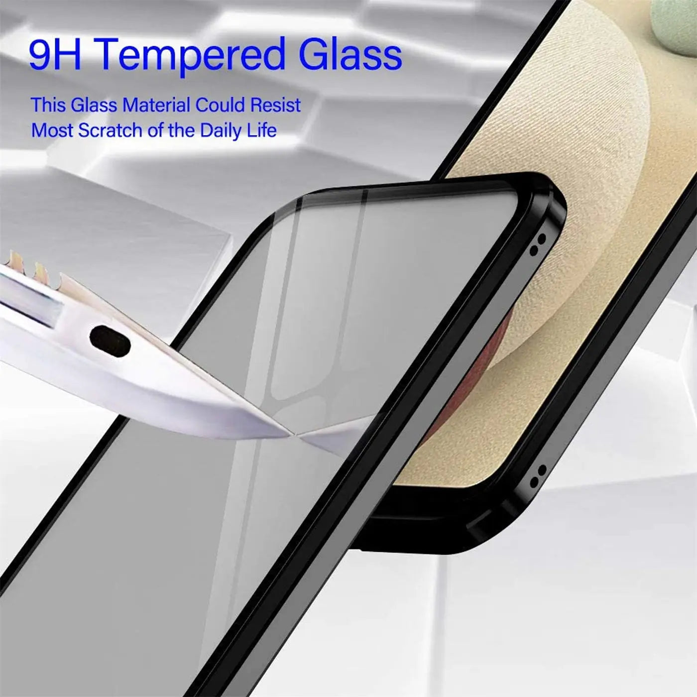 Samsung Galaxy A22 5G Hülle, schwarz, Glas/Metall, Seitenansicht