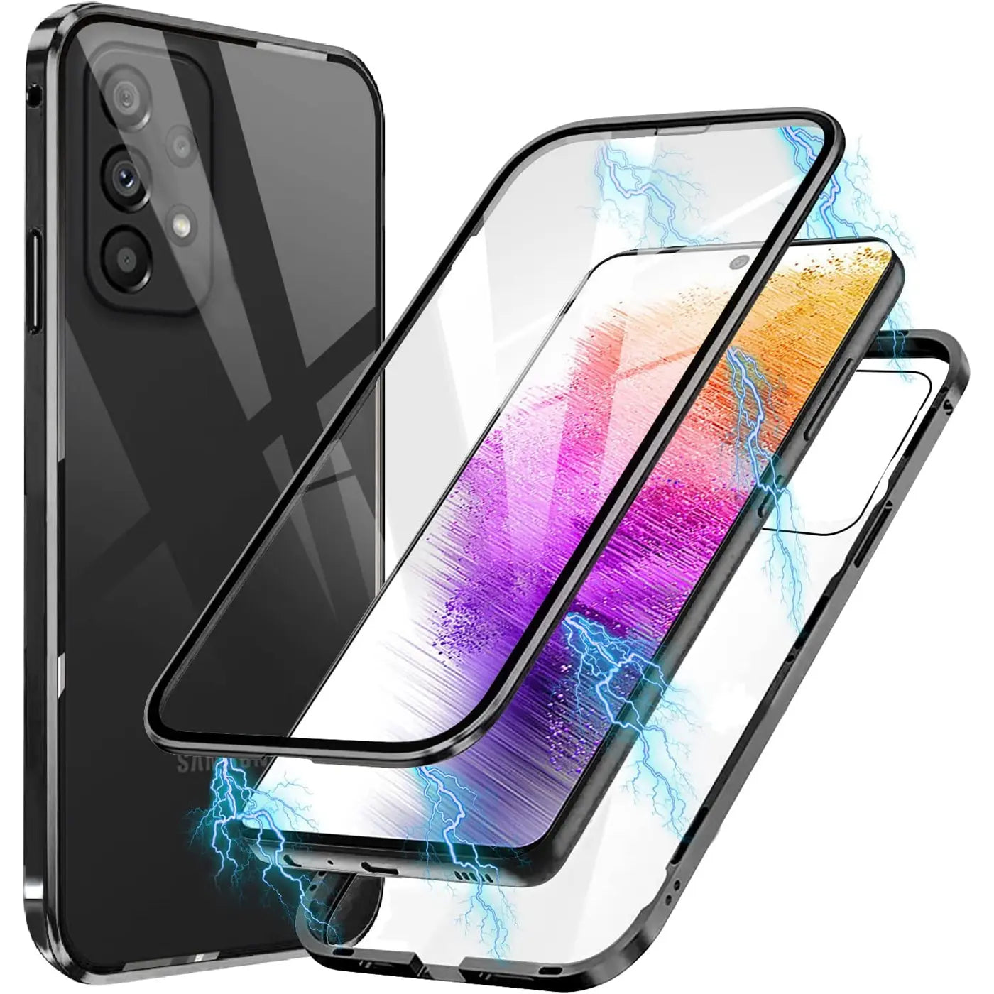 Schwarze Magnet Hülle aus Metall und Glas für Samsung Galaxy A33 5G, Seitenansicht.