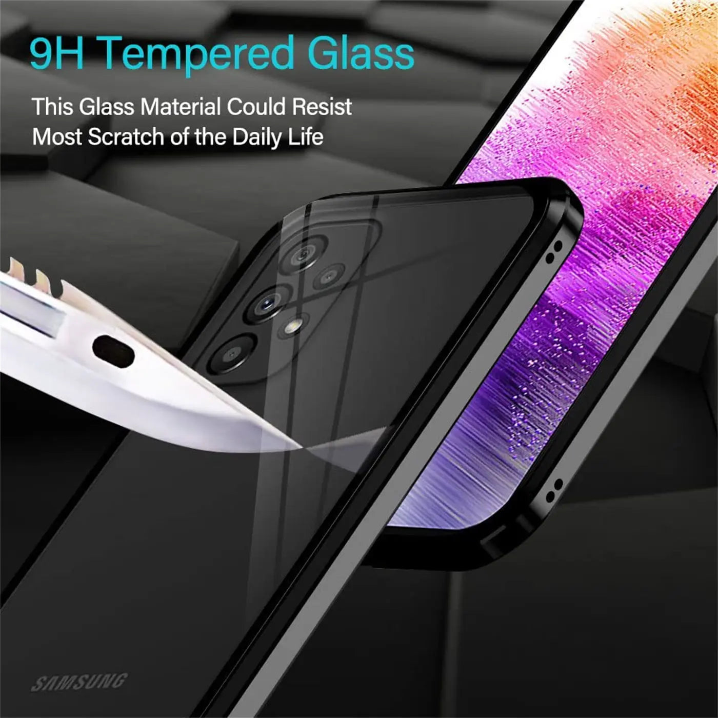 Schwarze Magnet Hülle aus Glas und Metall mit Samsung Galaxy A33 5G, Nahaufnahme