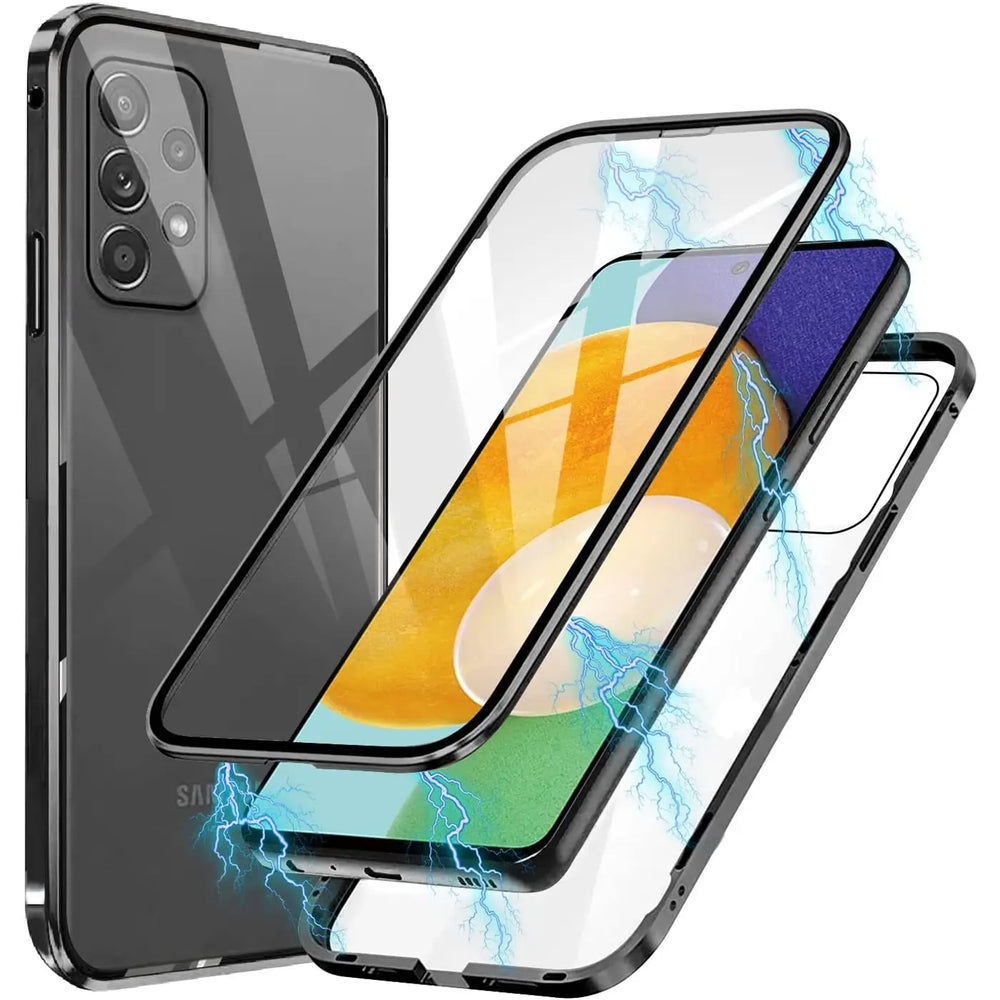 Samsung Galaxy A52 5G mit schwarzer Magnet-Hülle, Glasrückseite, von vorne/oben