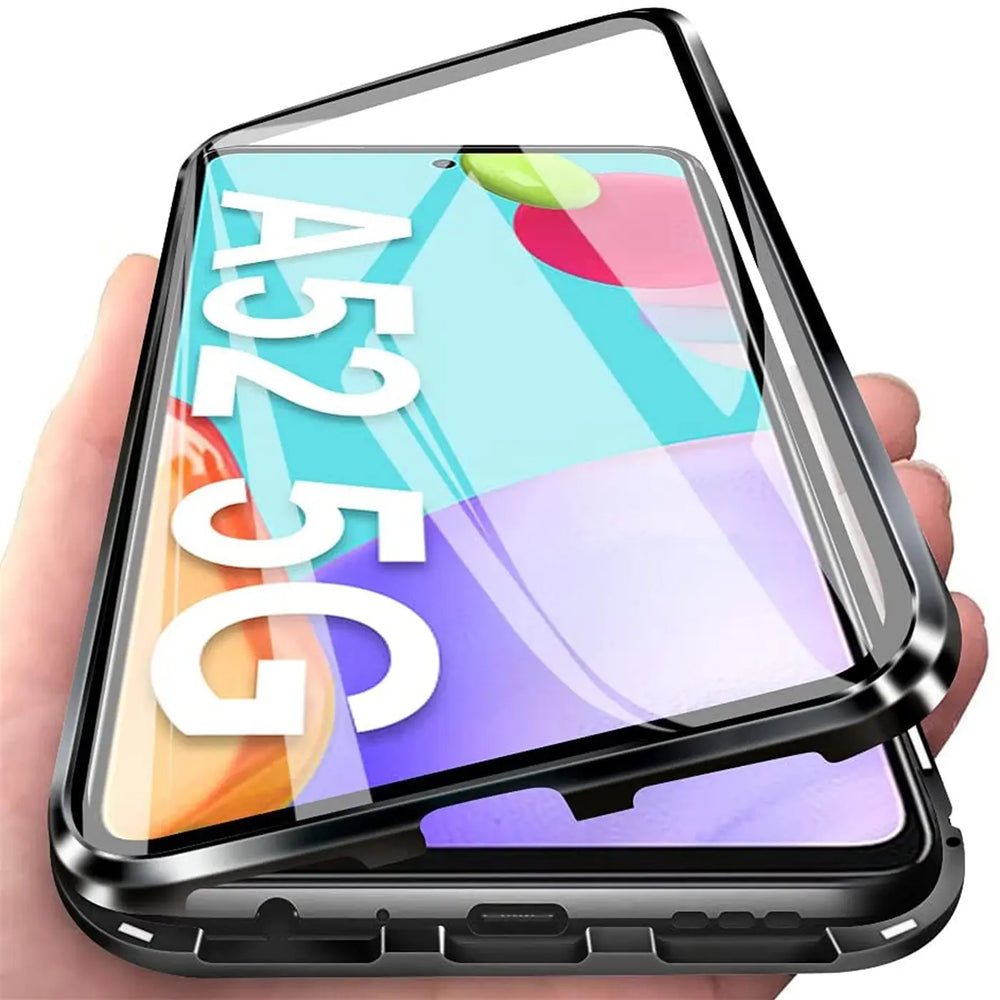 Schwarze Magnet Hülle mit Glas für Samsung A52 5G, von vorne gezeigt.
