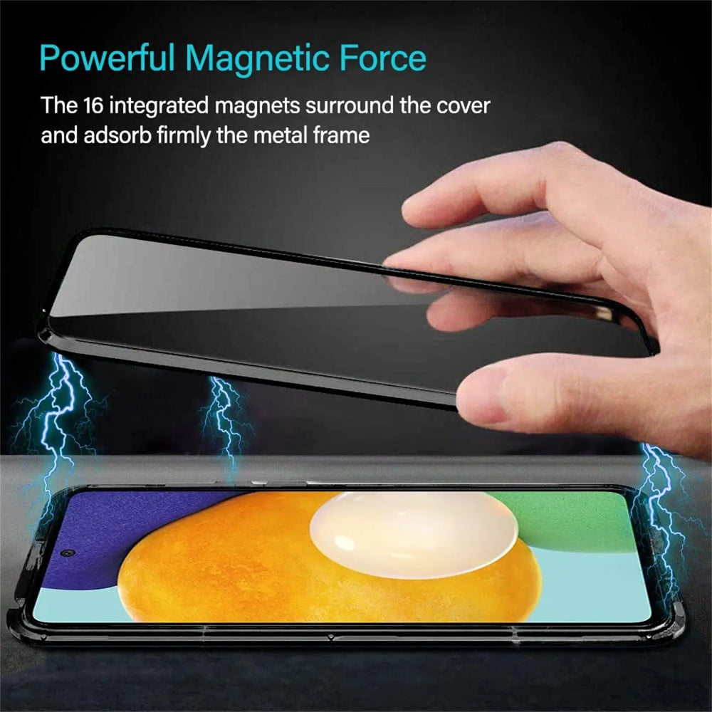 Schwarze Magnet-Hülle aus Metall und Glas wird auf ein Samsung Galaxy A52 gelegt.