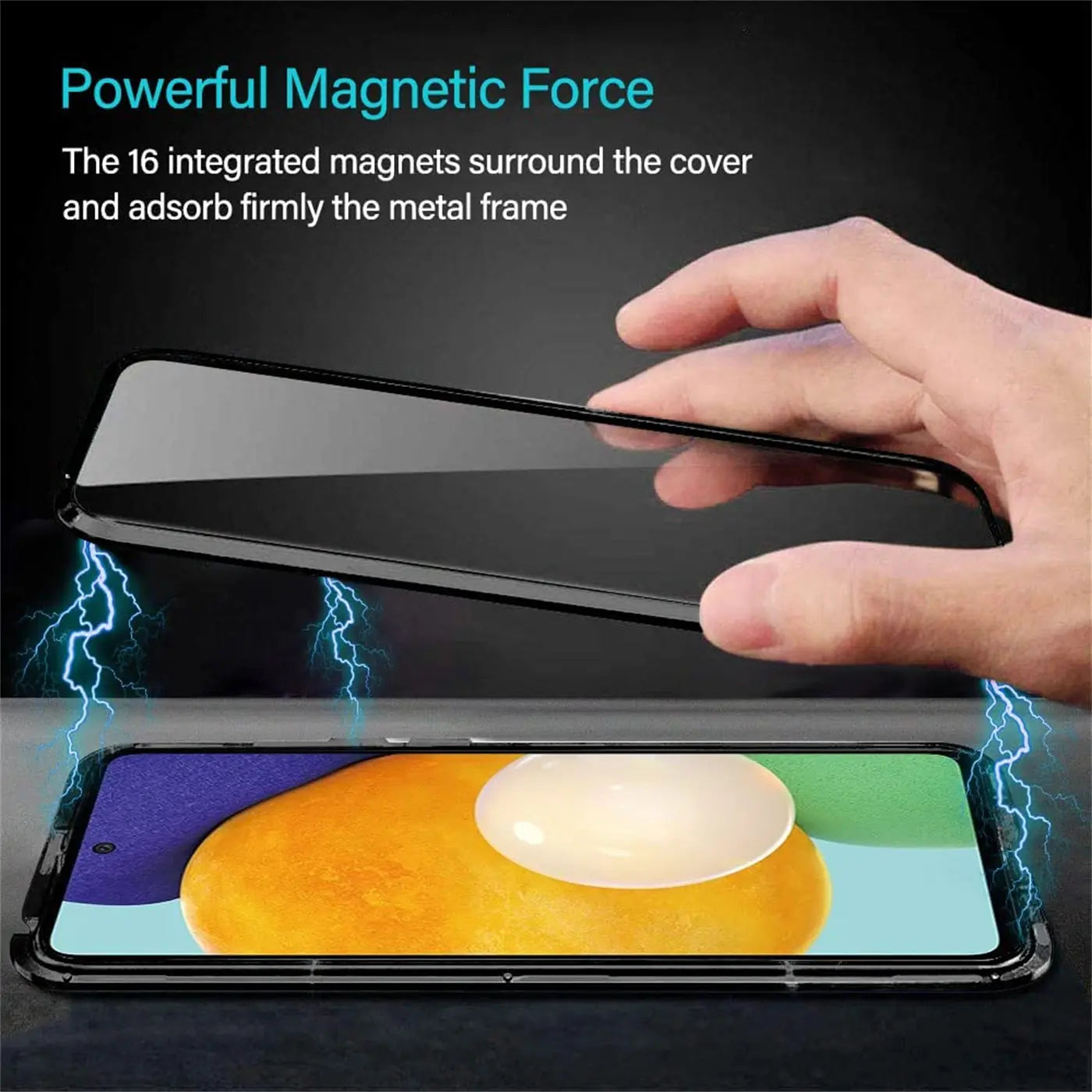 Schwarze Magnet-Hülle aus Metall und Glas wird auf ein Samsung Galaxy A52 gelegt.
