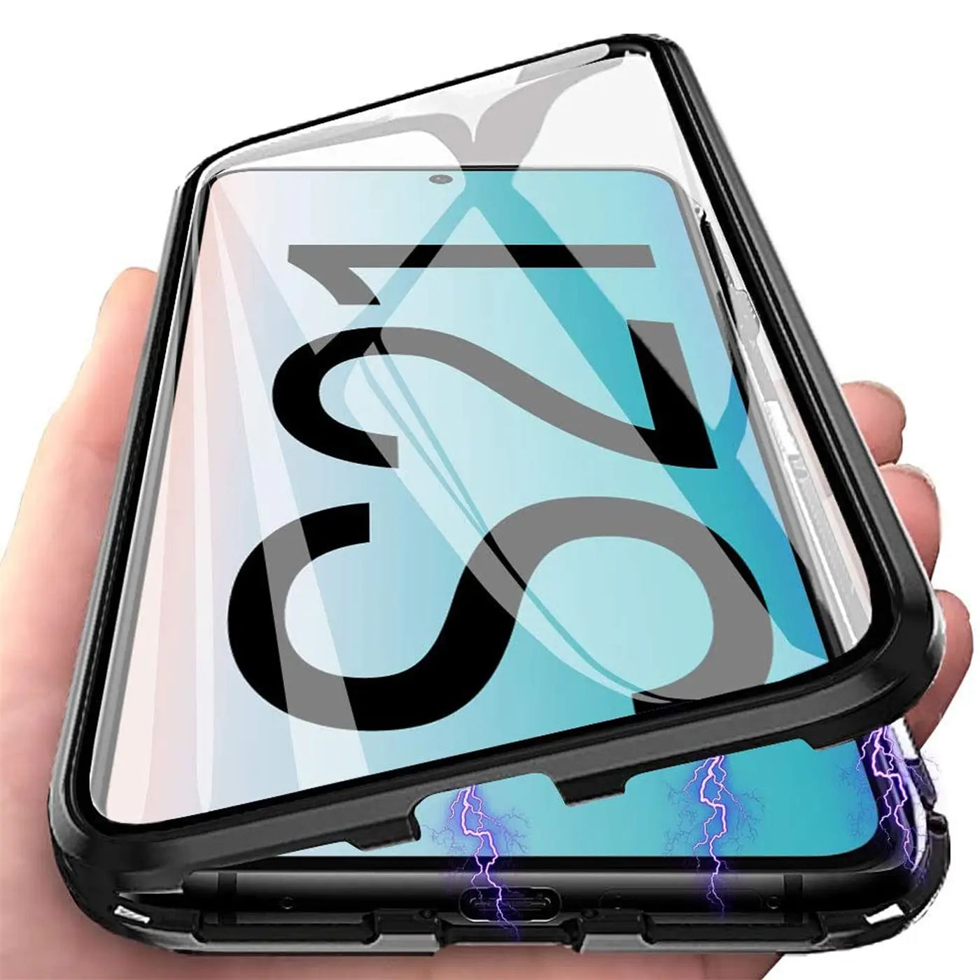 Samsung Galaxy S21 in schwarzer Magnet-Hülle aus Glas und Metall, von vorne schräg gezeigt.