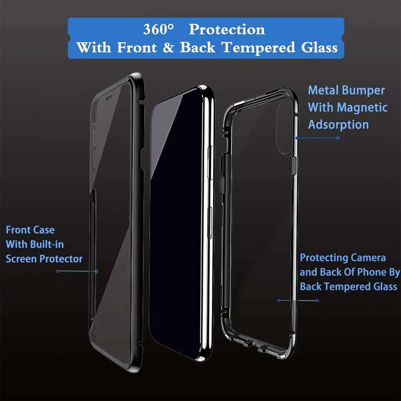Schwarze 360° Magnet Hülle aus Metall und Glas für Samsung Galaxy S21.
