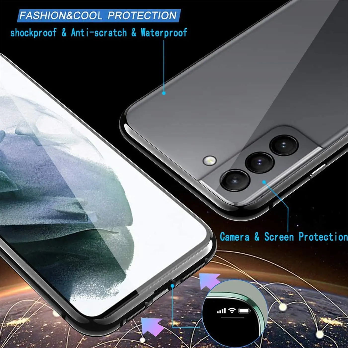 Samsung Galaxy S21 Hülle, schwarz, Metall/Glas, von oben/seitlich, mit Kamera.