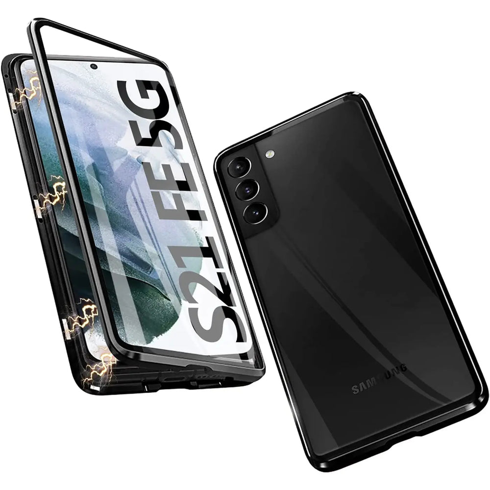 Samsung Galaxy S21 FE 5G in schwarzer Magnet-Hülle, Vorder- und Rückseite aus Glas, von schräg oben