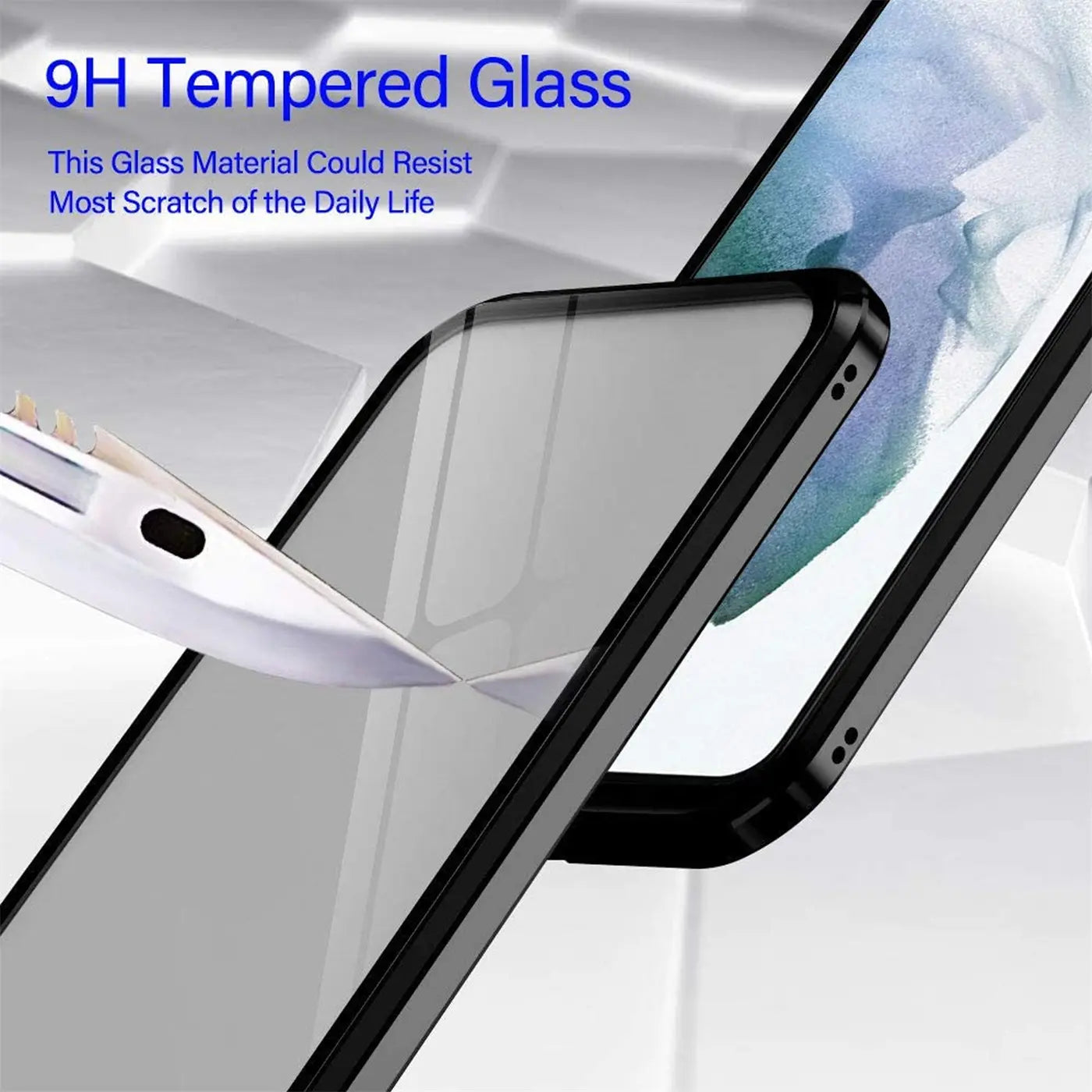 Schwarze Magnet Hülle aus Glas und Metall für Samsung S21 FE, Nahaufnahme.