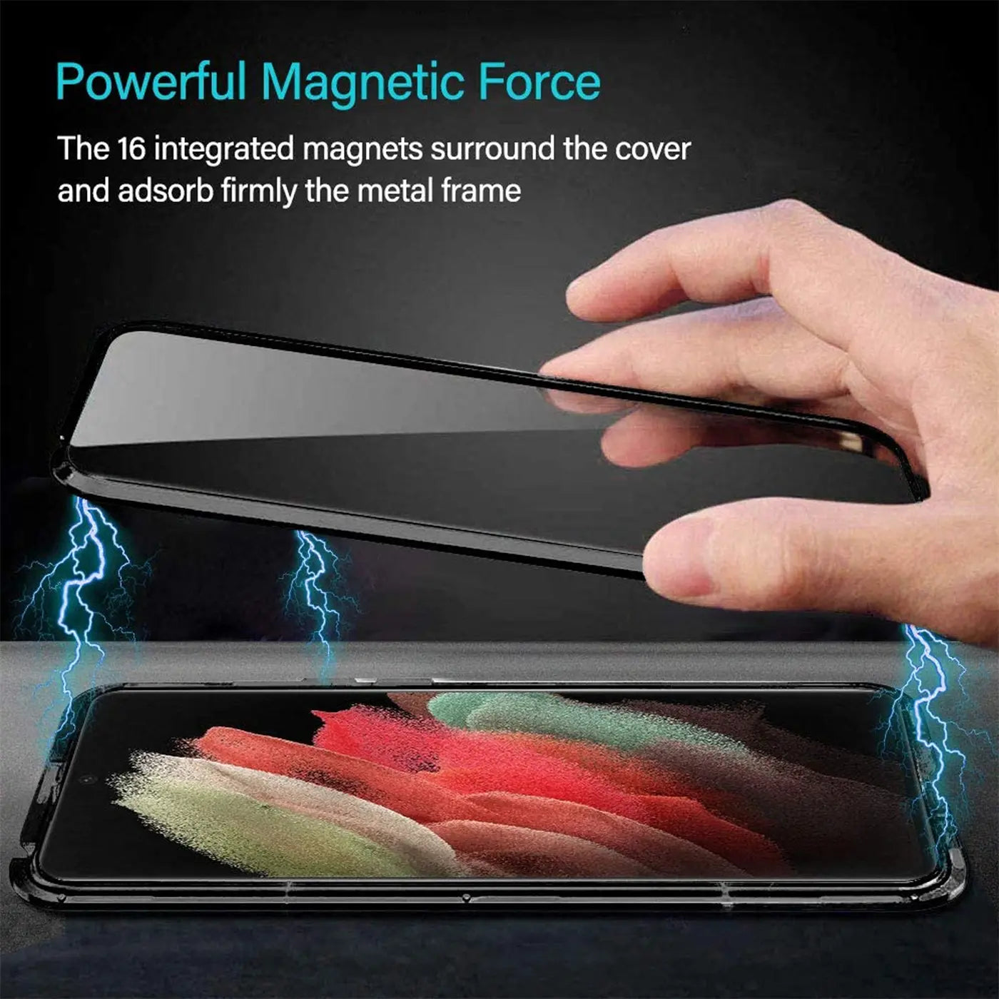 Schwarze Magnet-Hülle mit Glas für Samsung S21 Ultra, von oben gezeigt.