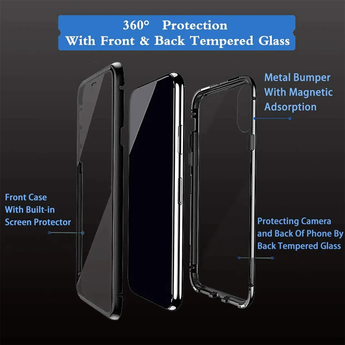 Schwarze 360° Magnet Hülle mit Glas für Samsung S21 Ultra, von vorne und hinten