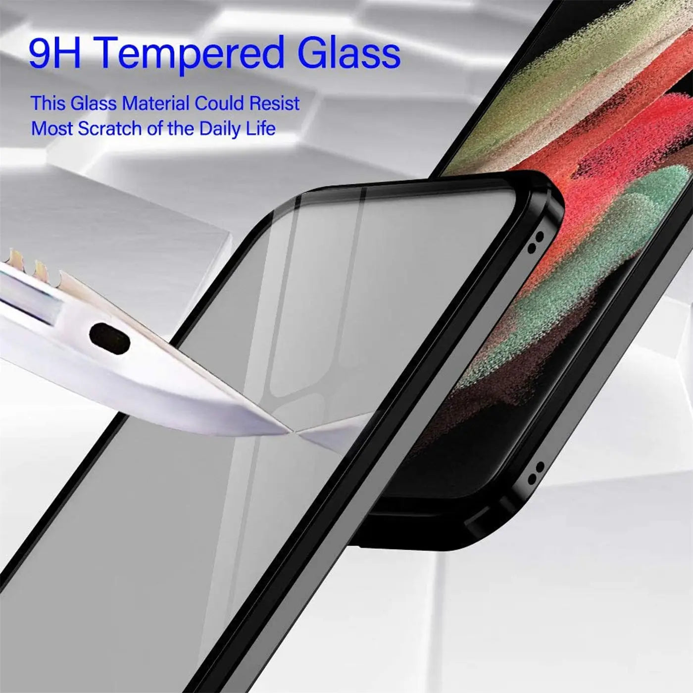 Schwarze Magnet Hülle aus Glas und Metall für Samsung S21 Ultra, von schräg oben.
