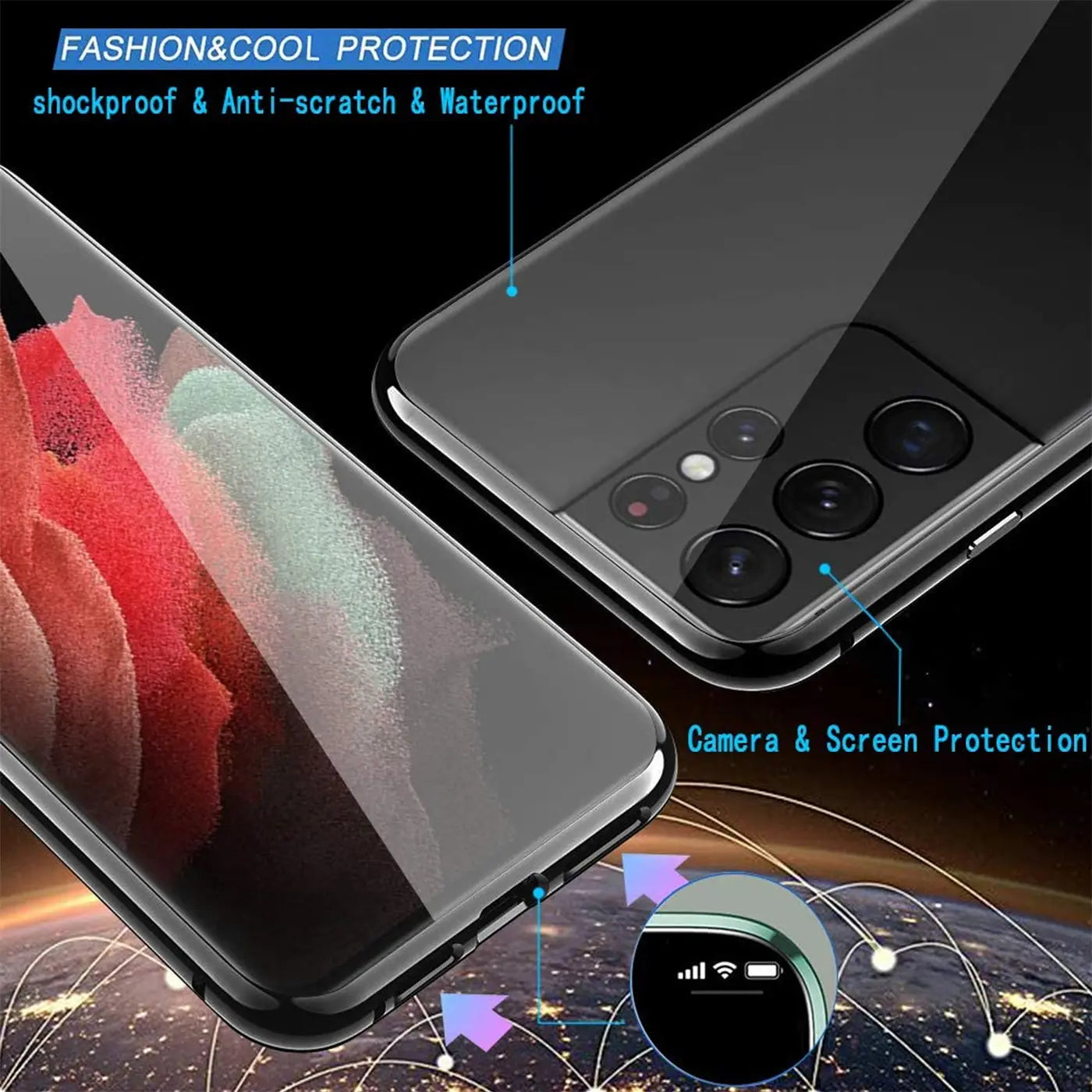 Samsung Galaxy S21 Ultra Hülle, transparent, Rückseite mit Kamera, von schräg oben