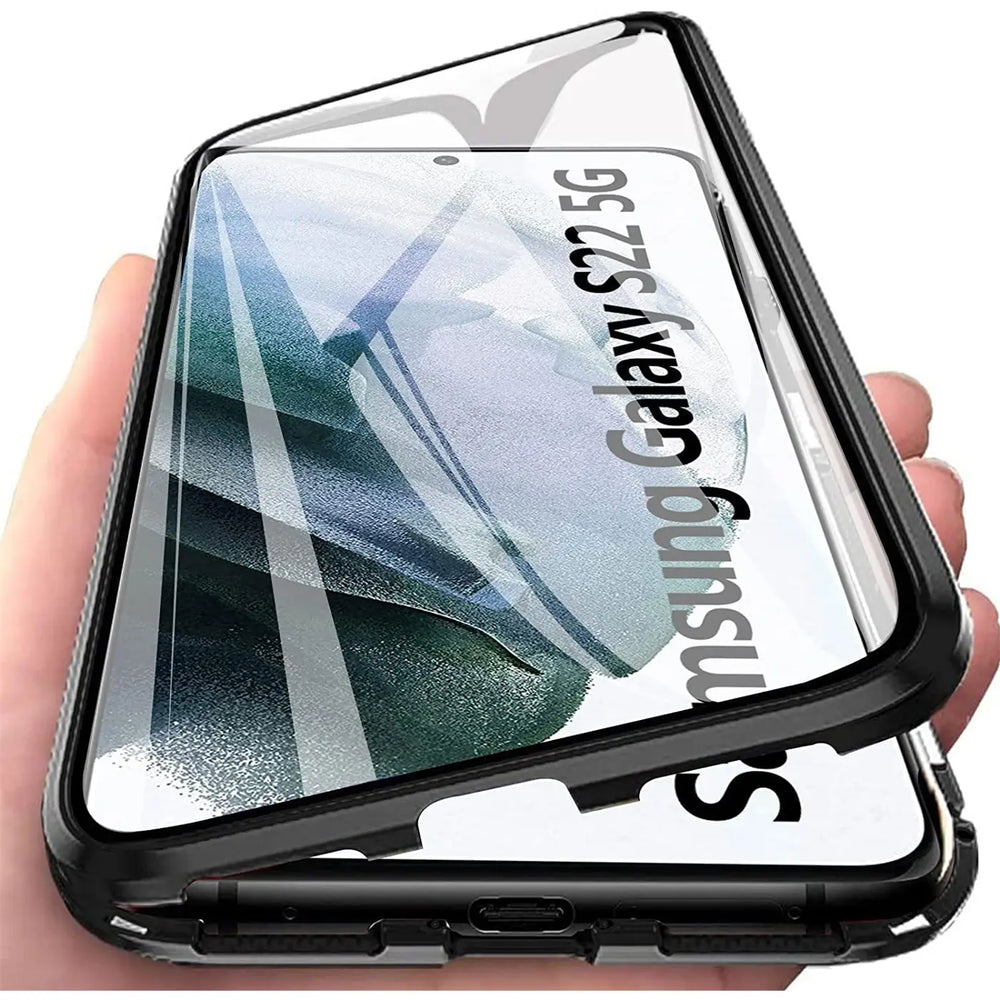 Samsung Galaxy S22 5G Hülle, schwarz, Metall/Glas, von vorne schräg