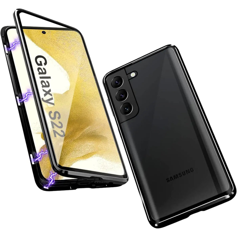 Schwarze Magnet-Hülle aus Metall/Glas für Samsung Galaxy S22, Seitenansicht.