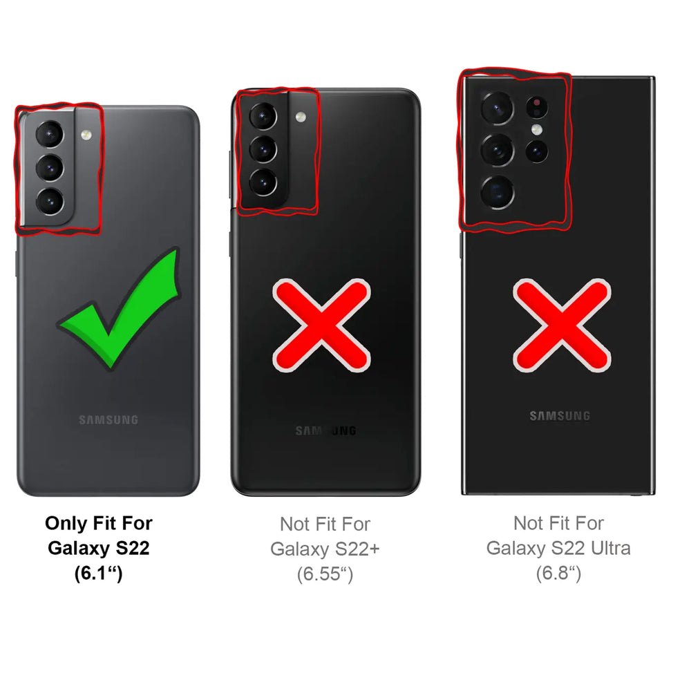 Drei schwarze Samsung-Smartphones, Rückansicht. Links S22 mit Häkchen, Mitte/rechts S22+/Ultra mit Kreuz.