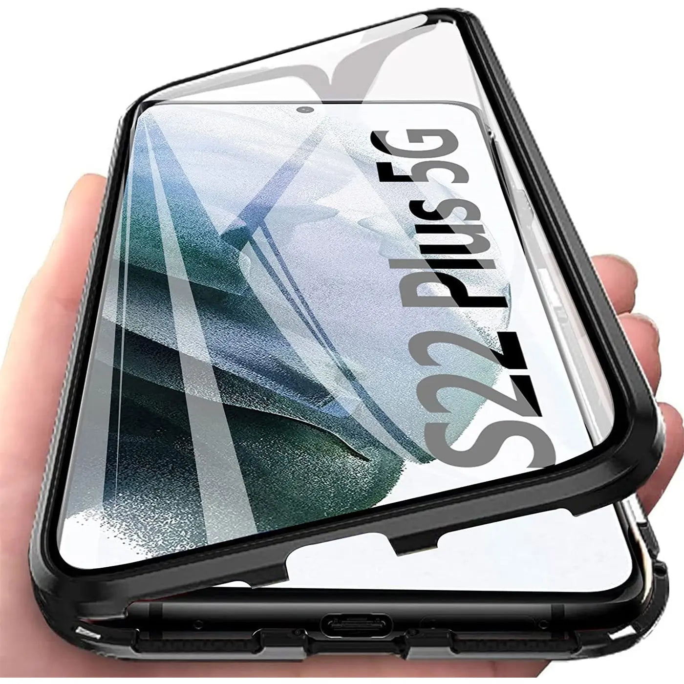 Schwarze Magnet-Hülle aus Metall/Glas mit transparentem Display für Samsung S22 Plus 5G.