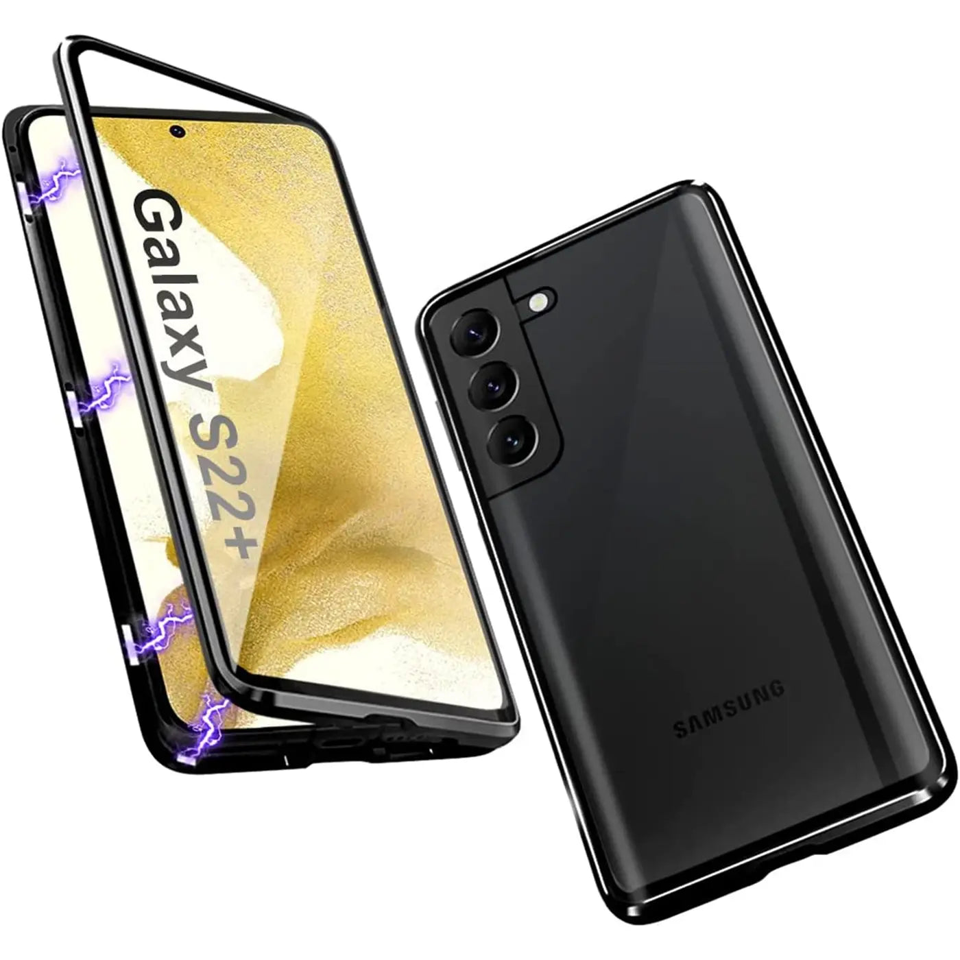 Schwarze 360° Magnet Hülle mit Glas für Samsung Galaxy S22 Plus, von vorne/oben