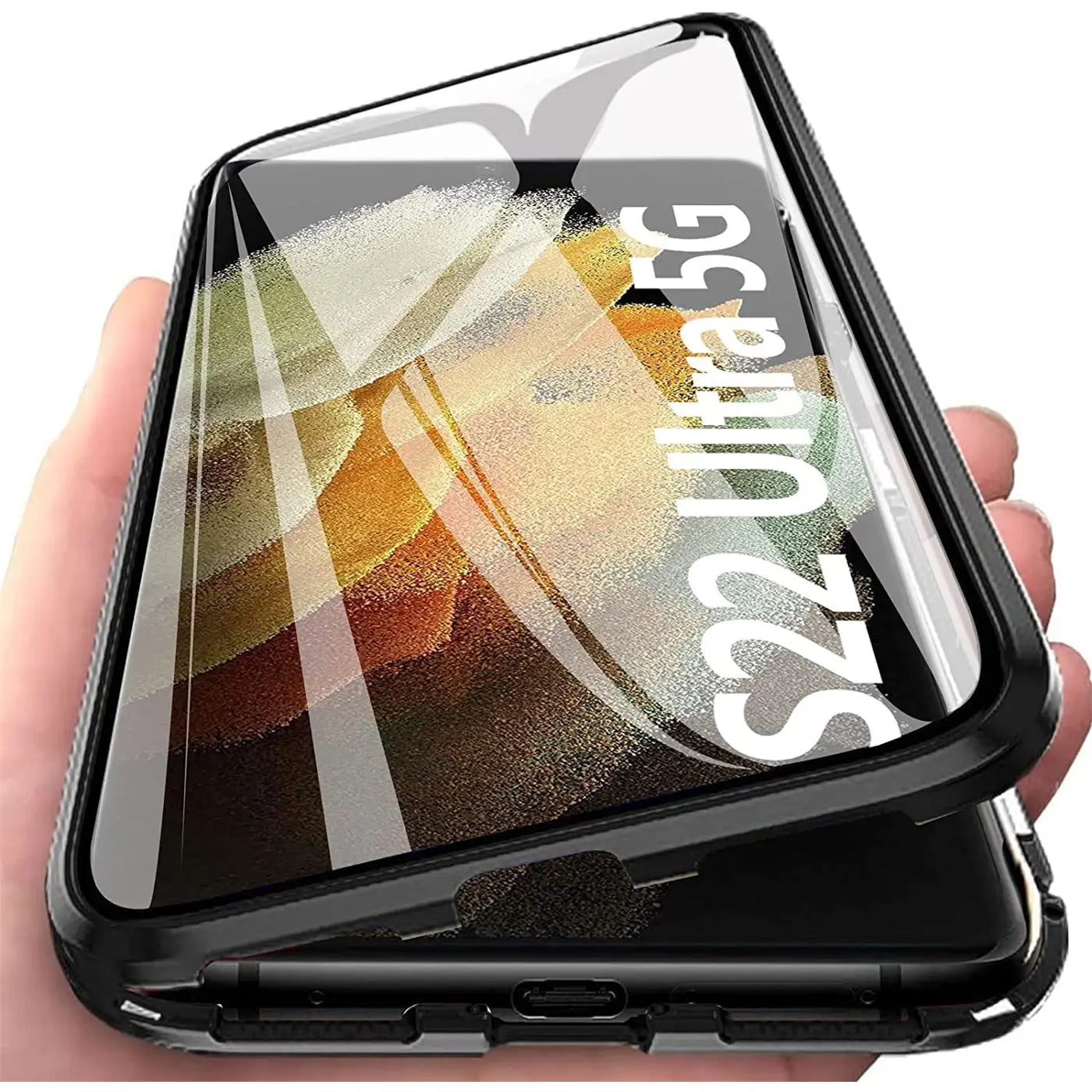 Schwarze Magnet Hülle aus Glas und Metall für Samsung S22 Ultra, von vorne gezeigt.
