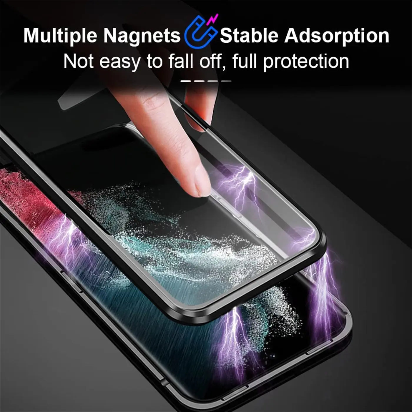 Samsung S22 Ultra Hülle, schwarz, Metall/Glas, Nahaufnahme, magnetisch.