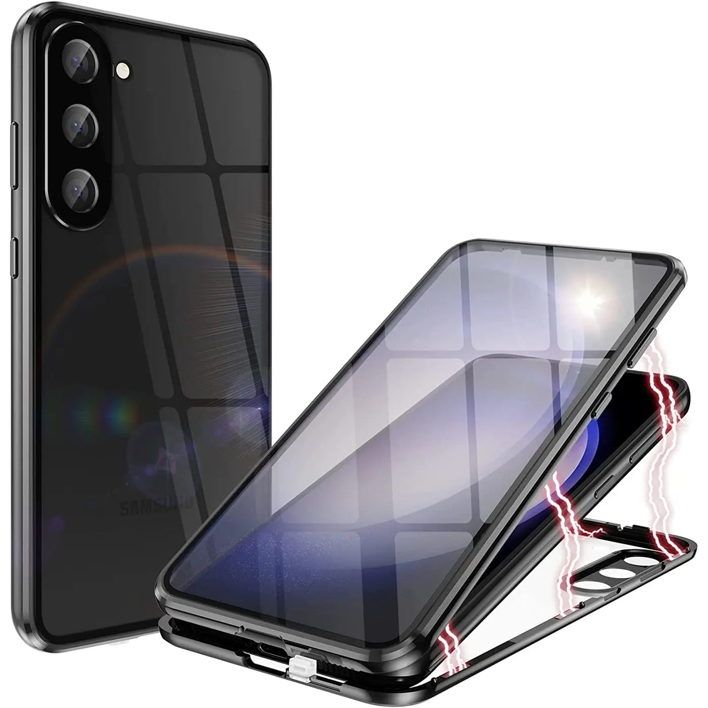 Schwarze Magnet-Hülle aus Glas und Metall für Samsung Galaxy S23, Seitenansicht.