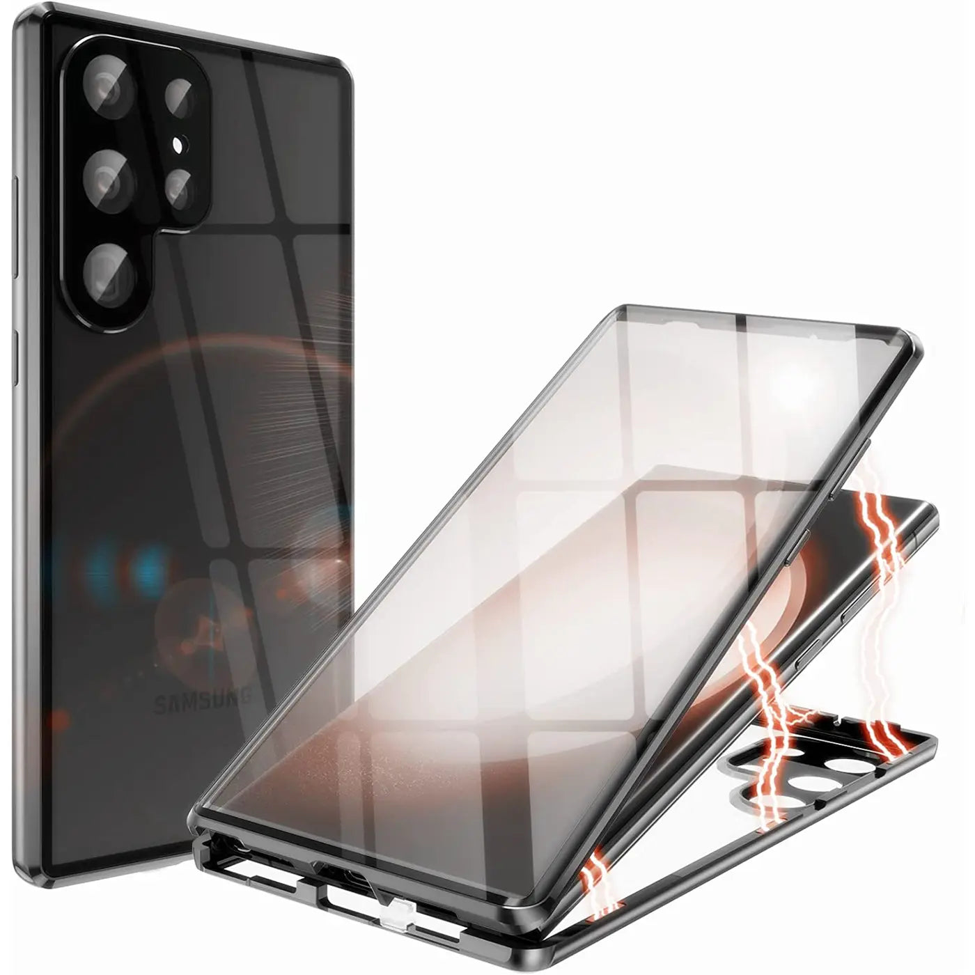 Samsung Galaxy S23 Ultra Hülle, transparent, Metallrahmen, 360° magnetisch, zerlegt