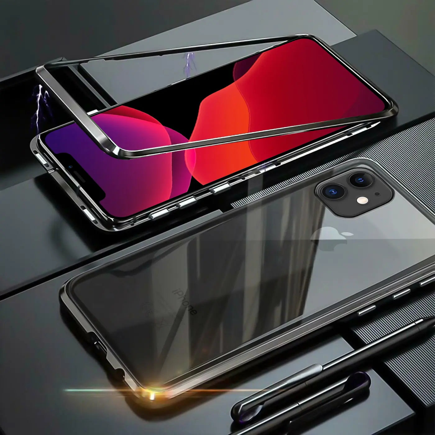 iPhone 12 Mini magnet Hülle, silberner Metallrahmen, Glasrückseite, Draufsicht