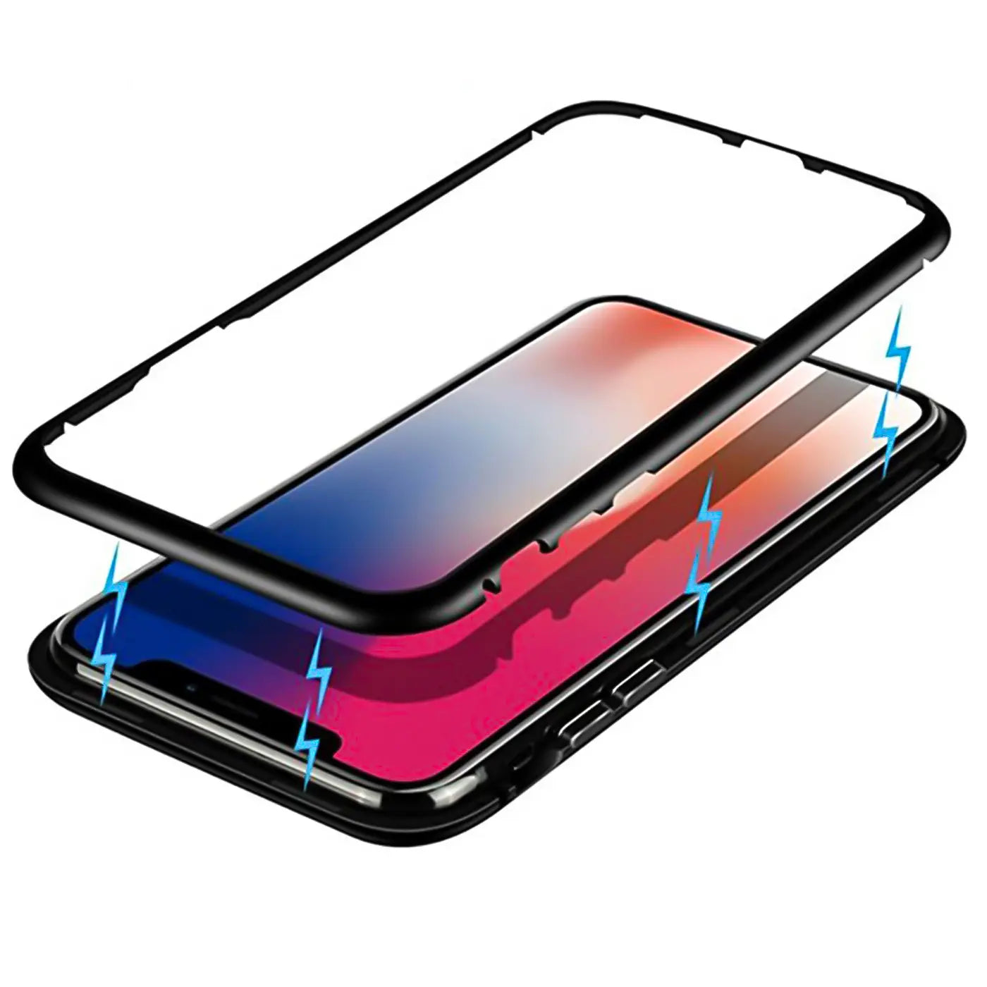 Schwarze Magnet-Hülle mit Metallrahmen für iPhone 12 Mini, Draufsicht.