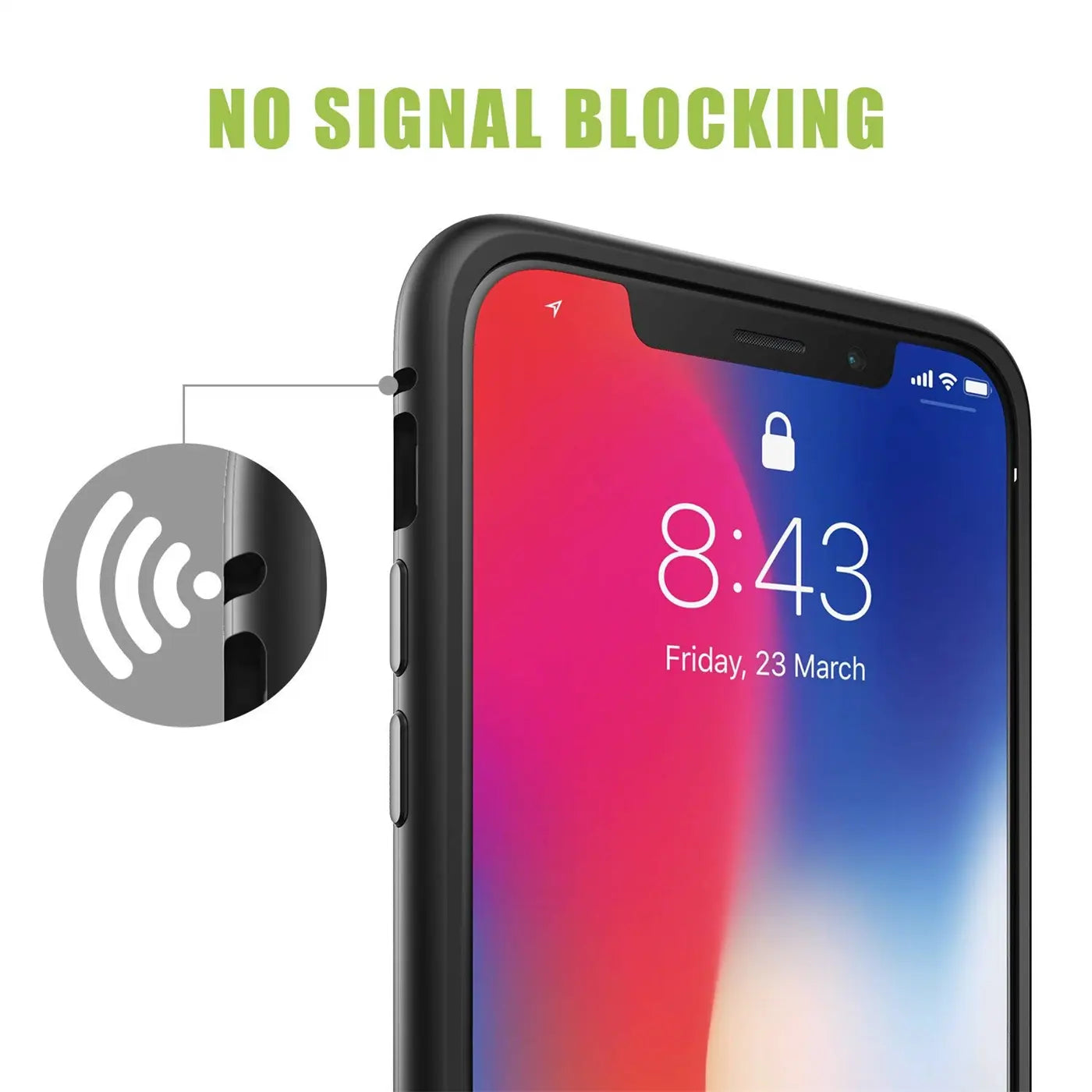 iPhone 12 Mini in schwarzer Hülle, Nahaufnahme von rechts. Signal-Symbol.
