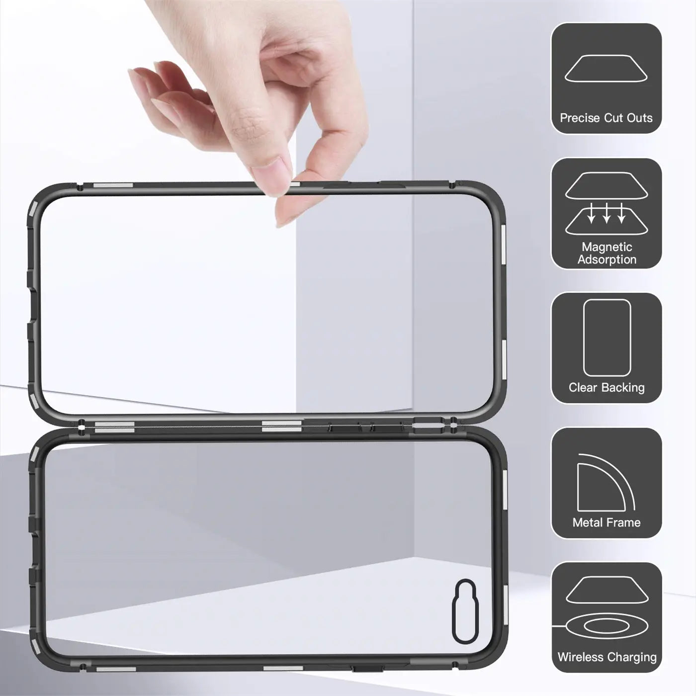 Zwei Hälften einer transparenten Handyhülle mit schwarzem Metallrahmen, die magnetisch zusammengeführt werden.