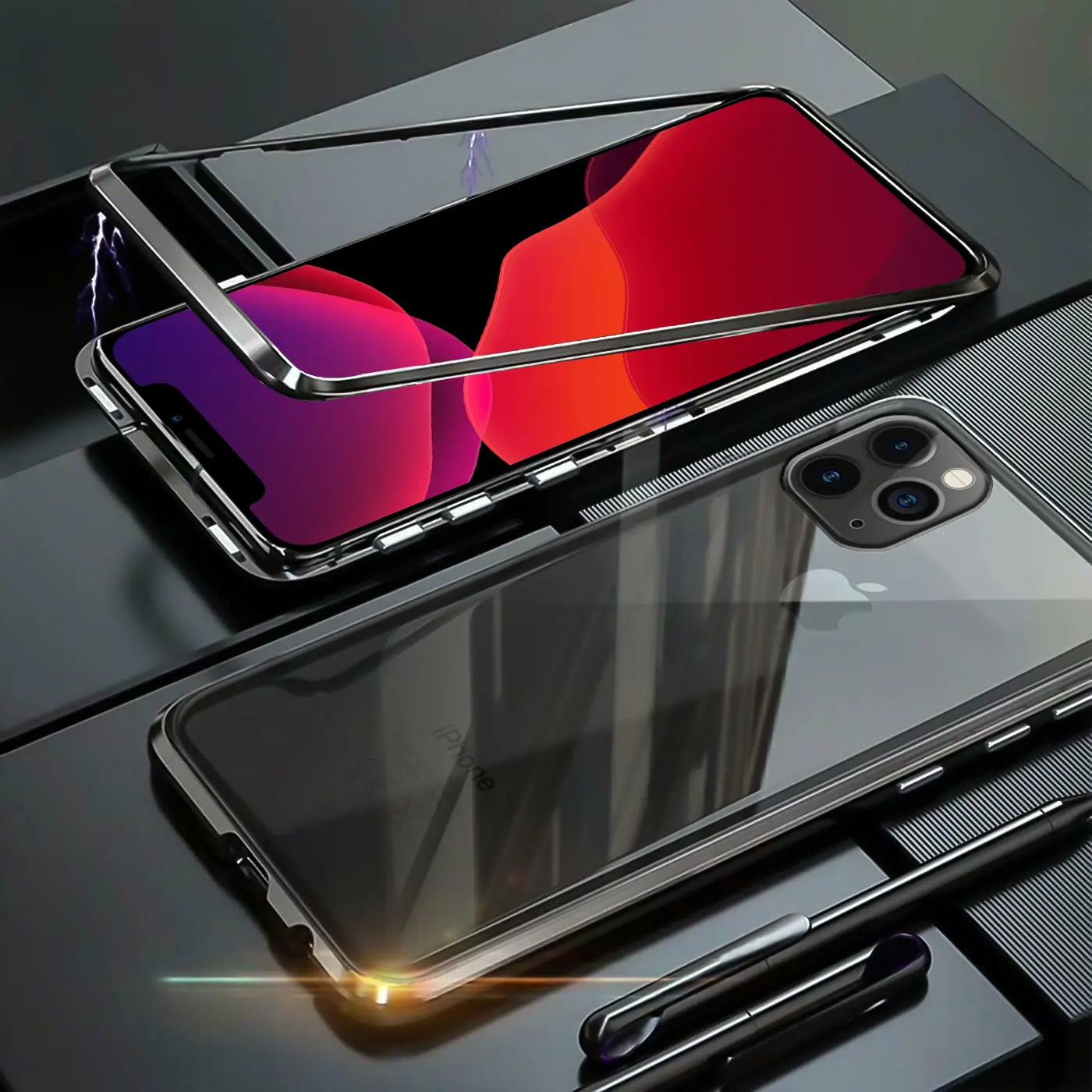 iPhone 12 Pro Max Hülle, Metallrahmen, Glasrückseite, von vorne und hinten gezeigt