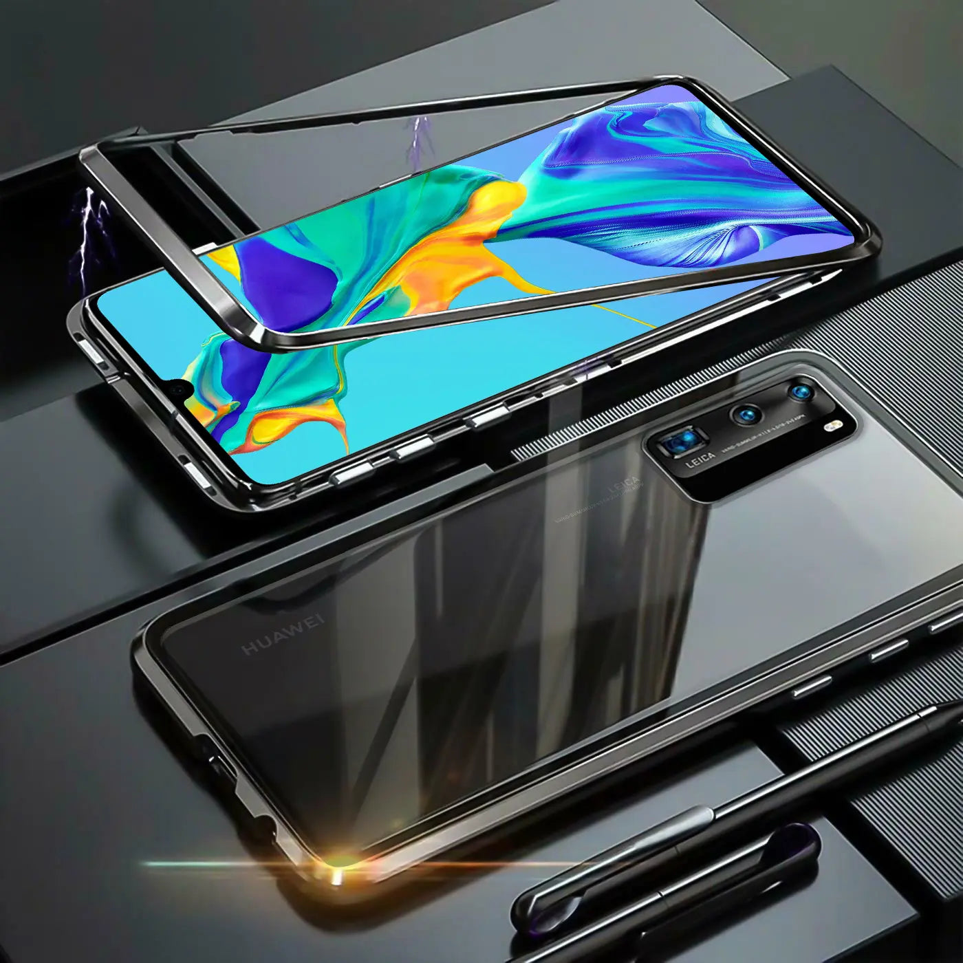 Huawei P40 mit magnetischer Hülle aus Metall und Glas, von oben betrachtet.