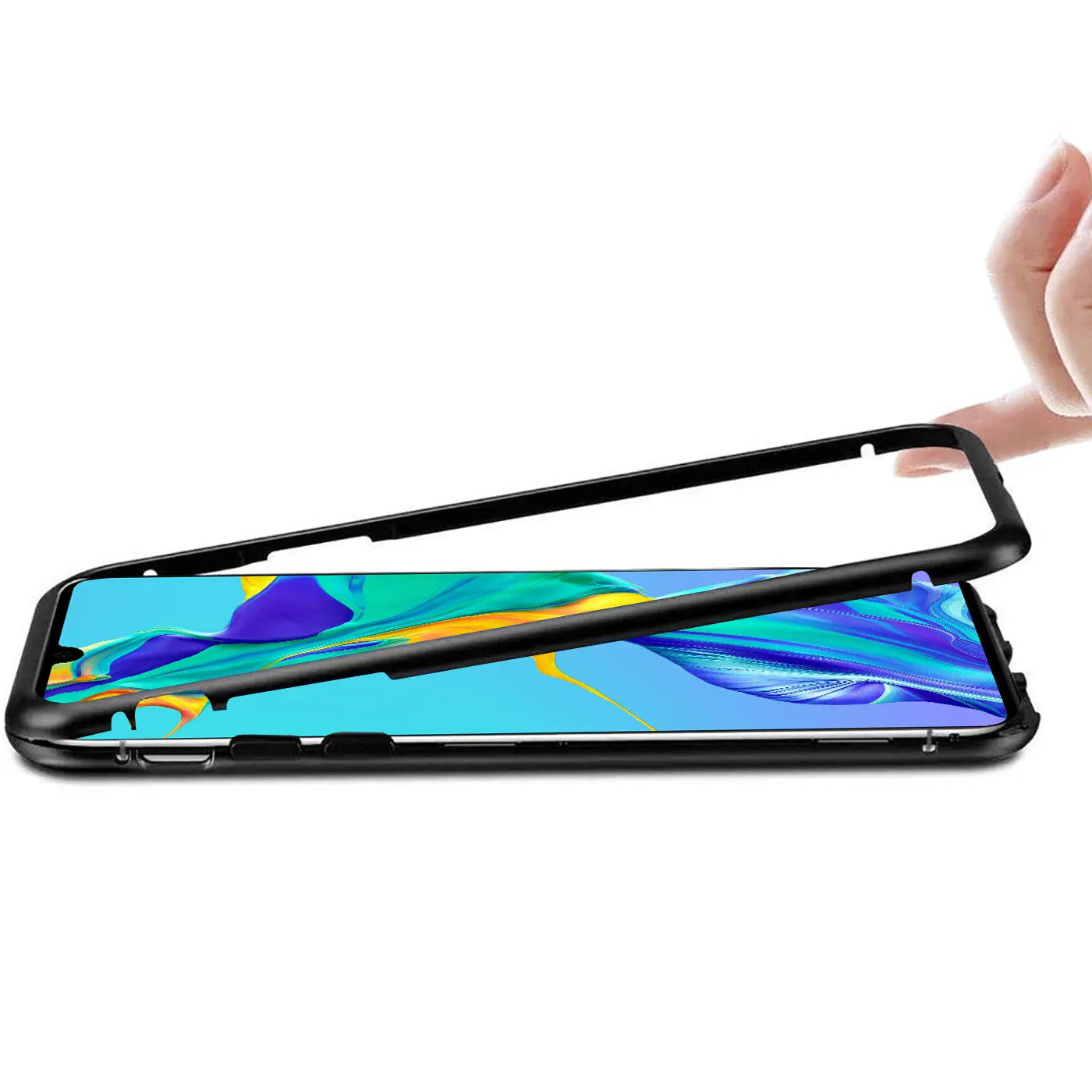 Schwarzer Metallrahmen für Huawei P40, von oben, Hülle wird montiert.
