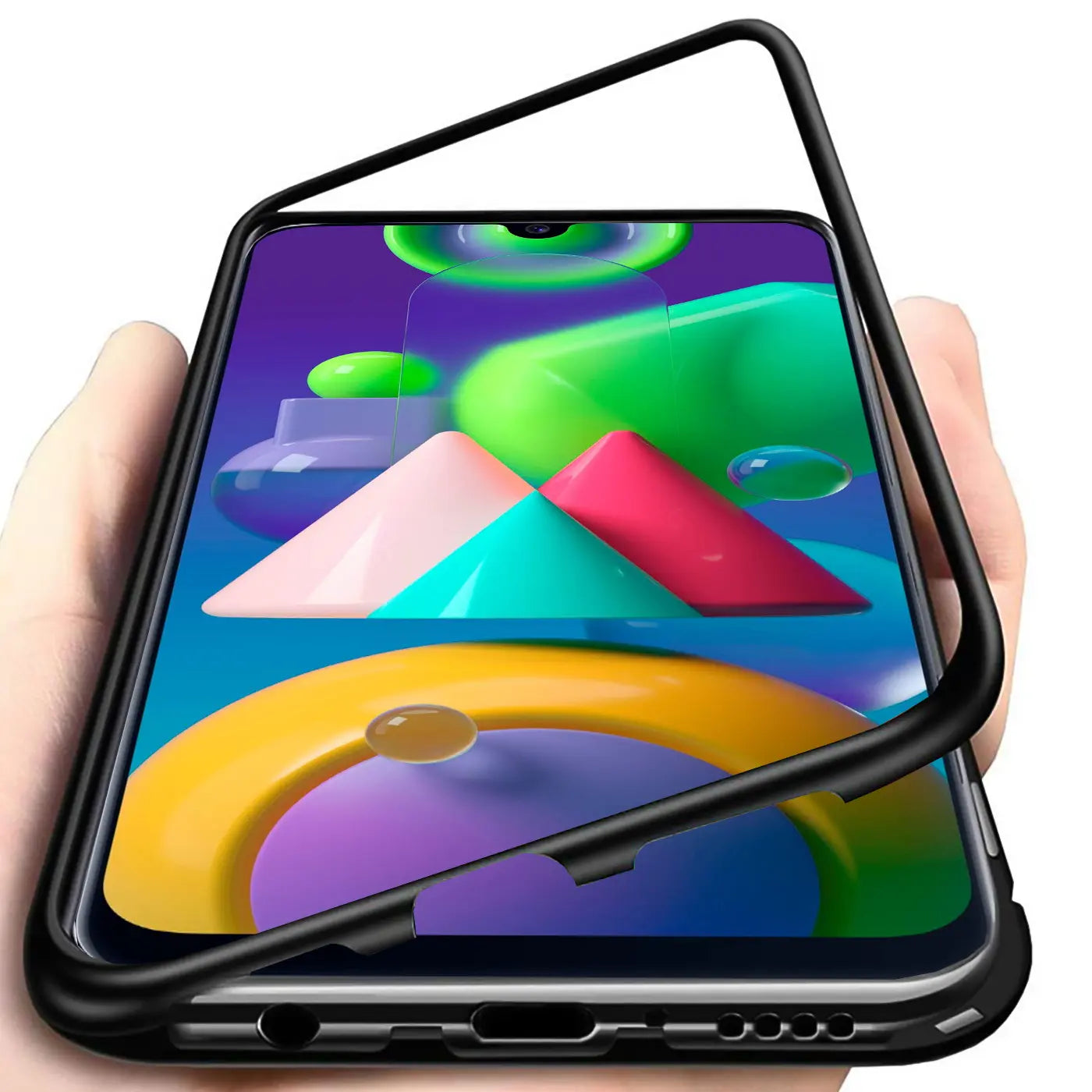 Schwarzer Metallrahmen mit transparentem Rückteil, von vorne gezeigt, Samsung Galaxy M11.