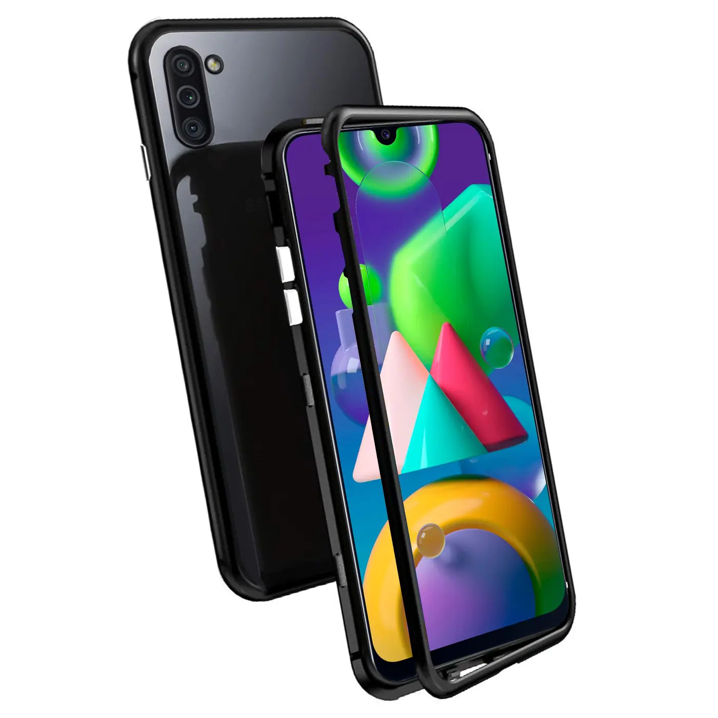 Schwarze Magnet-Hülle aus Metall und Glas für Samsung Galaxy M11, von vorne und hinten gezeigt.