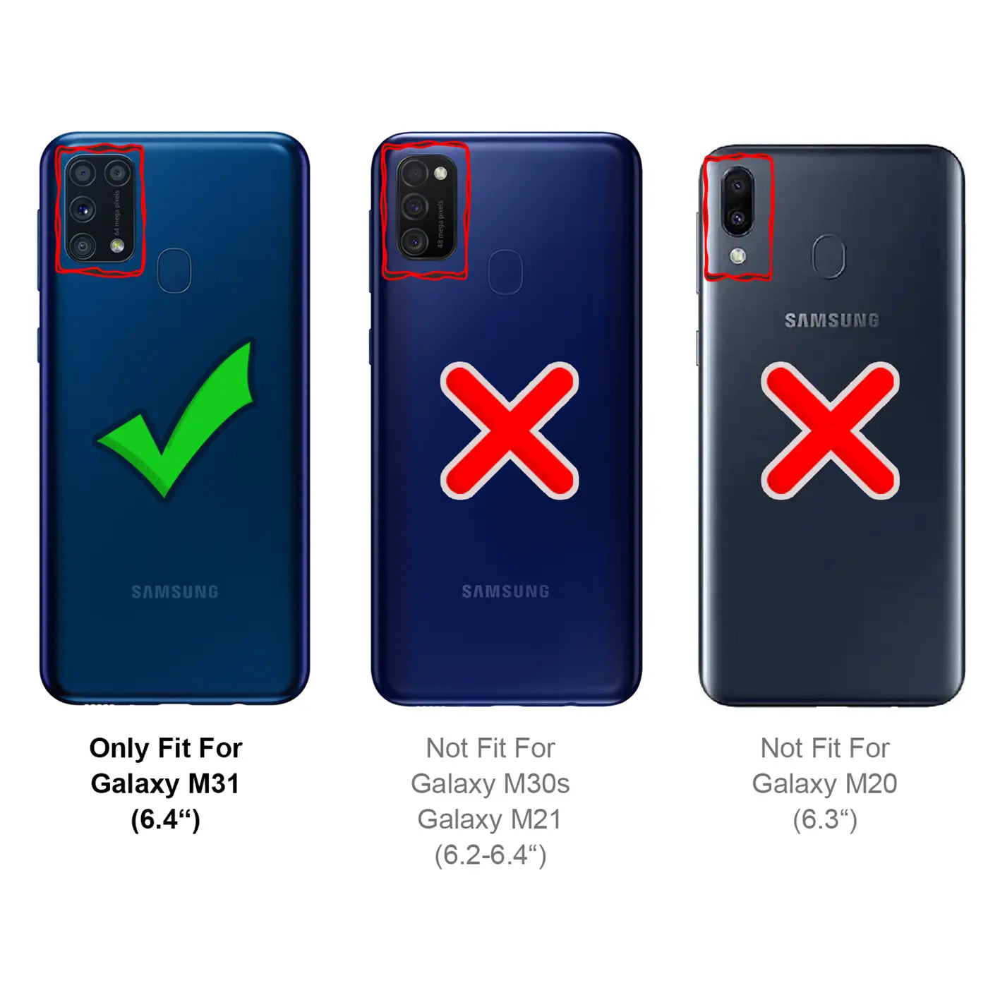 Rückseite Samsung Galaxy M31 (blau) mit Haken, M30s/M21/M20 (dunkelblau) mit Kreuz.