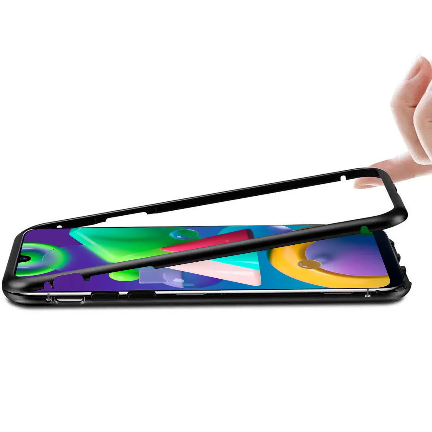 Schwarzer Metallrahmen mit offenem Samsung Galaxy M31, von oben gesehen.