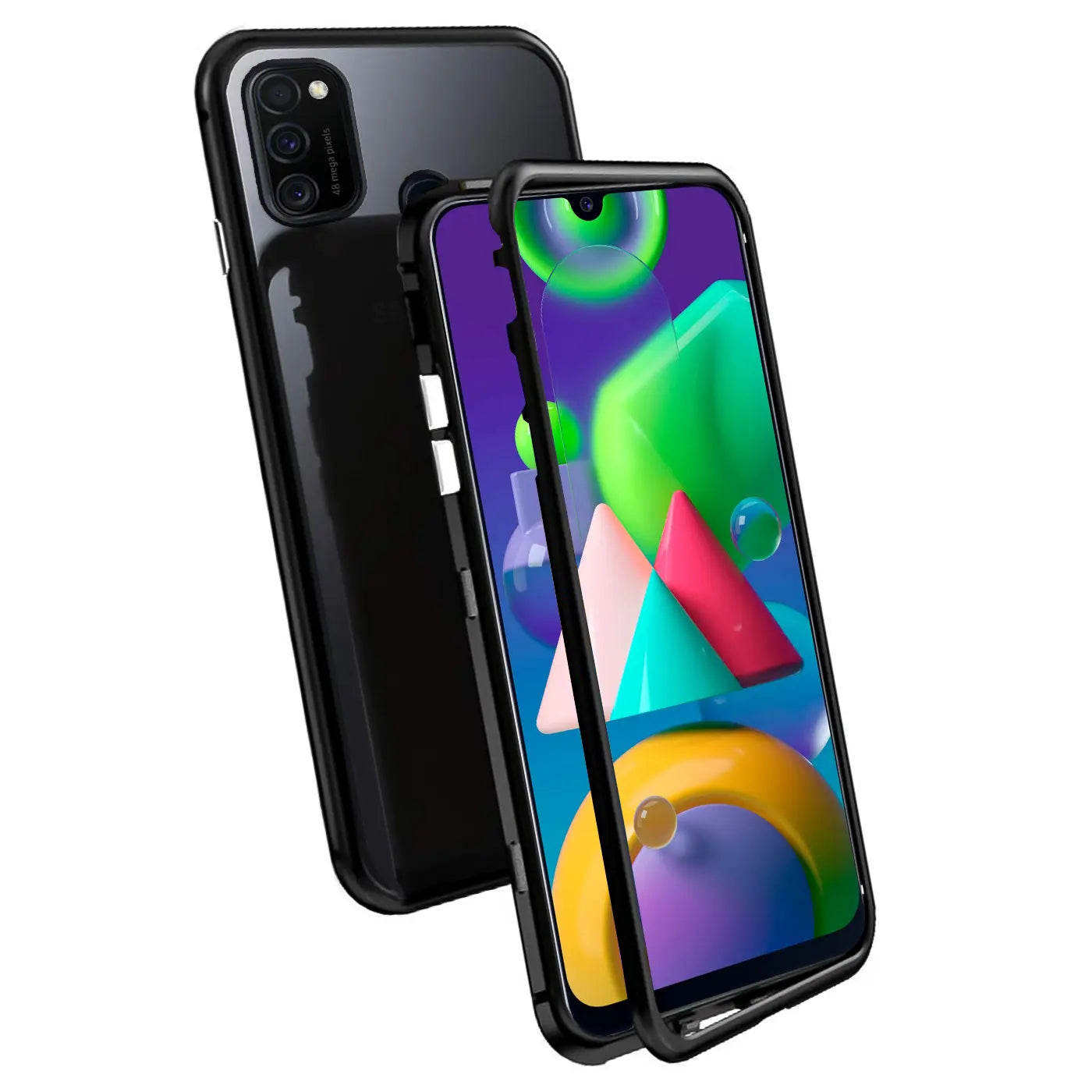 Schwarze Magnet Hülle aus Metall und Glas für Samsung Galaxy M31, von vorne und hinten gezeigt.