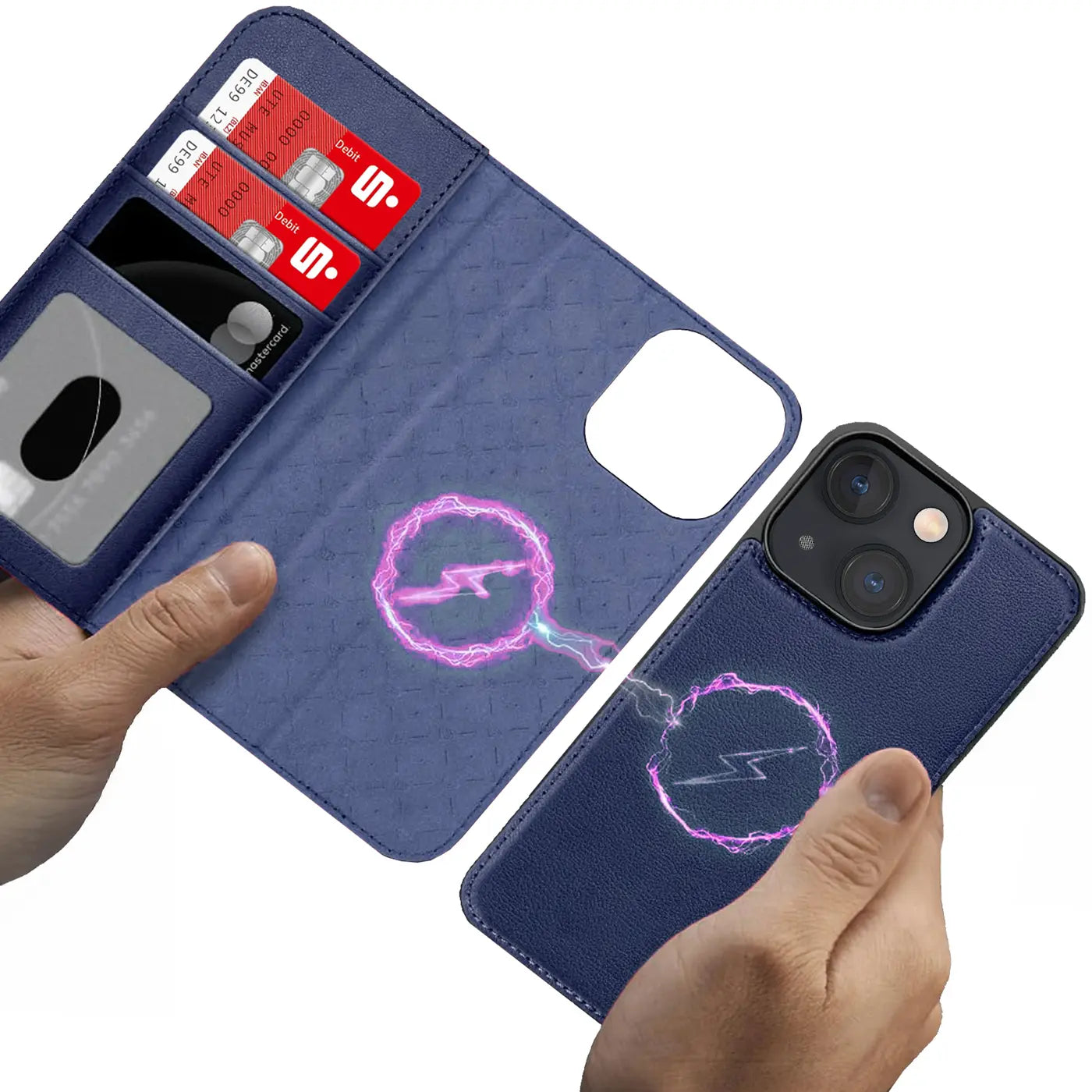 Blaue Kunstleder-Klapphülle mit Kartenfach für iPhone 13, MagSafe, Nahaufnahme