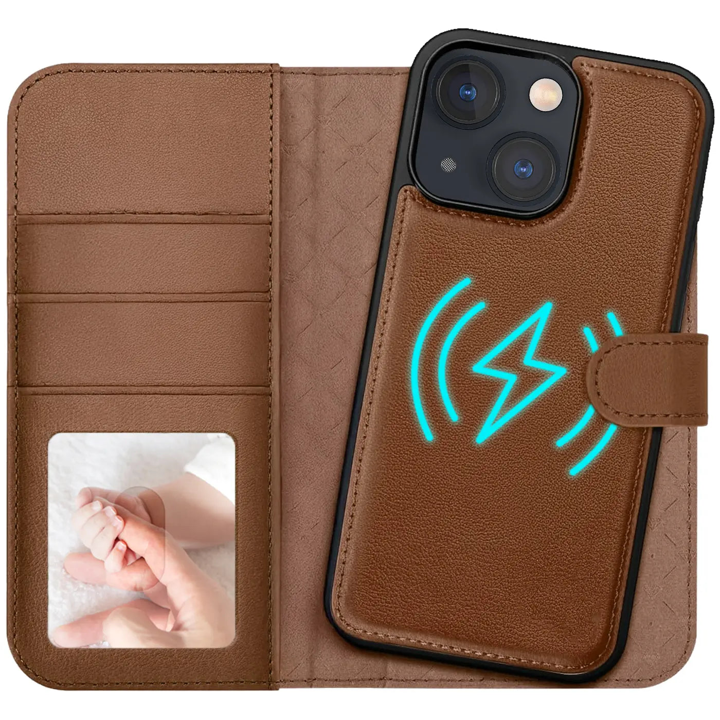 Braune Leder-Klapphülle mit Kartenfächern, MagSafe-Symbol, iPhone 13.