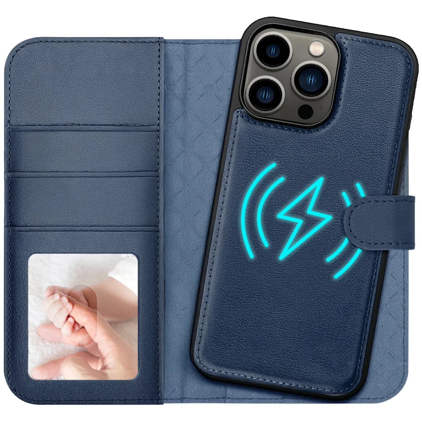 Dunkelblaue Leder-Klapphülle mit Kartenfach, zeigt iPhone 13 Pro, MagSafe-Symbol.