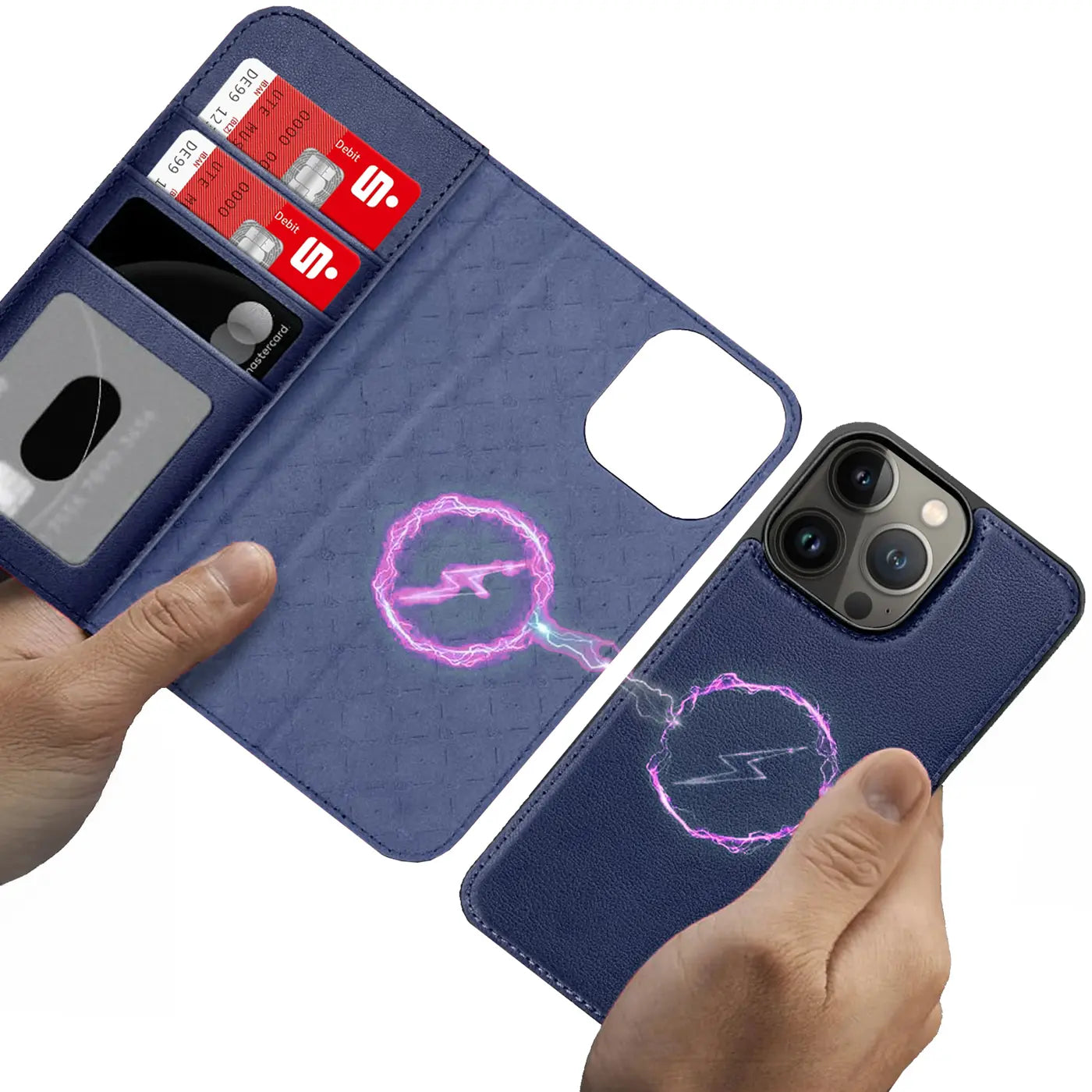 Blaue Leder-Klapphülle mit Kartenfach für iPhone 13 Pro, von oben gesehen.
