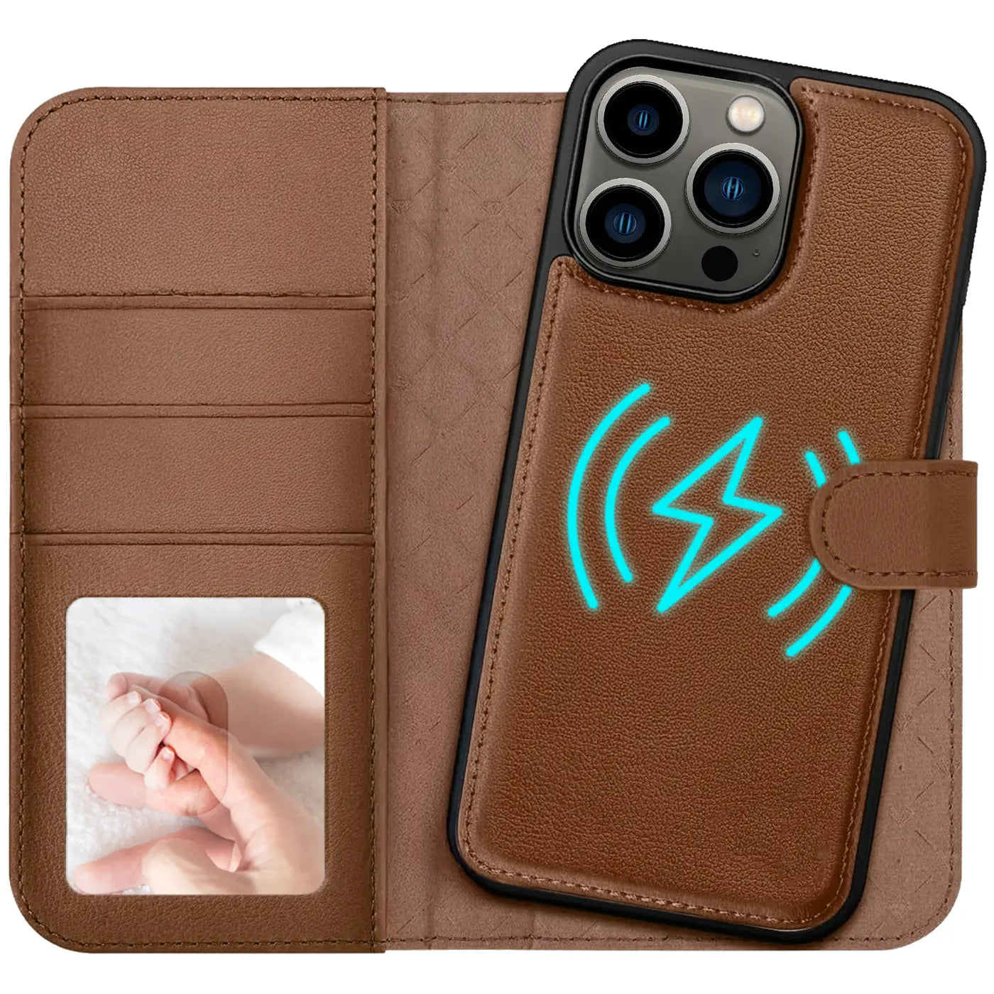 Braune Leder-Klapphülle mit Kartenfach und iPhone 13 Pro, MagSafe-Symbol