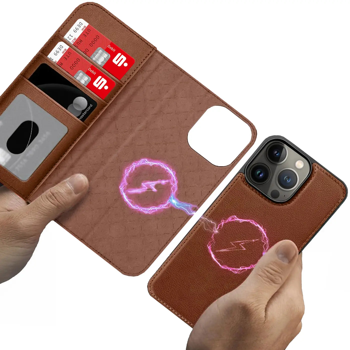 Braune Leder-Klapphülle mit Kartenfach, zeigt iPhone 13 Pro, MagSafe-Symbol