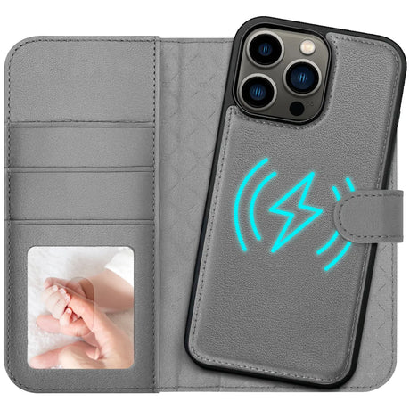 Magnetische 2-in-1 Klapphülle für iPhone 13 Pro in Grau mit herausnehmbarer Hülle und Kartenfächern