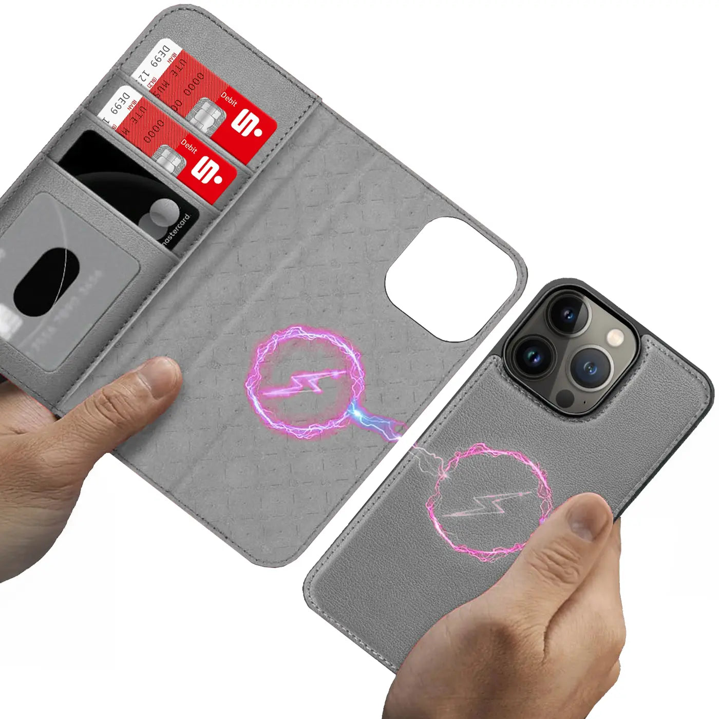 Graue Leder-Klapphülle mit Kartenfach für iPhone 13 Pro, MagSafe, von vorne